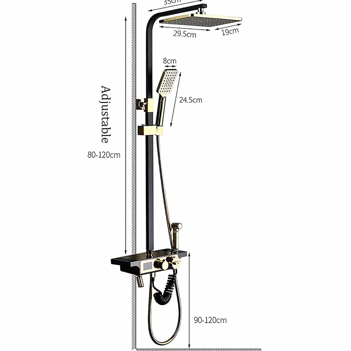 Sistema Doccia a Pioggia, Set termostatico Combinato, Rubinetto per Bagno in Oro e Nero con soffione a Pioggia, doccetta, Rubinetto per Vasca, doccetta Bidet, Display Digitale