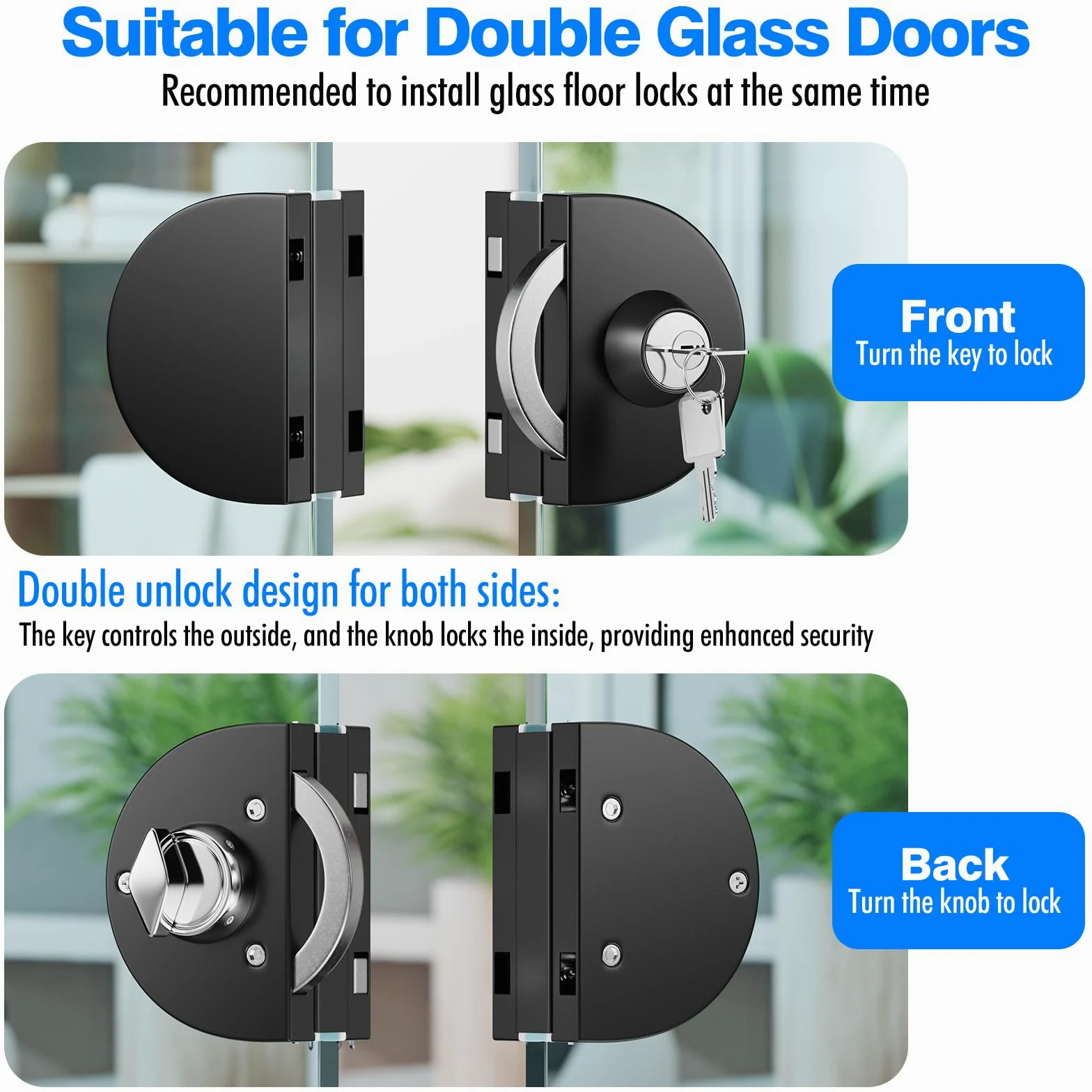 Serratura per porta in vetro senza fori, finitura nera opaca, con chiave e pomello, compatibile con vetro temperato 10-12 mm, installazione rapida, design moderno anti-effrazione, acciaio inox 304.