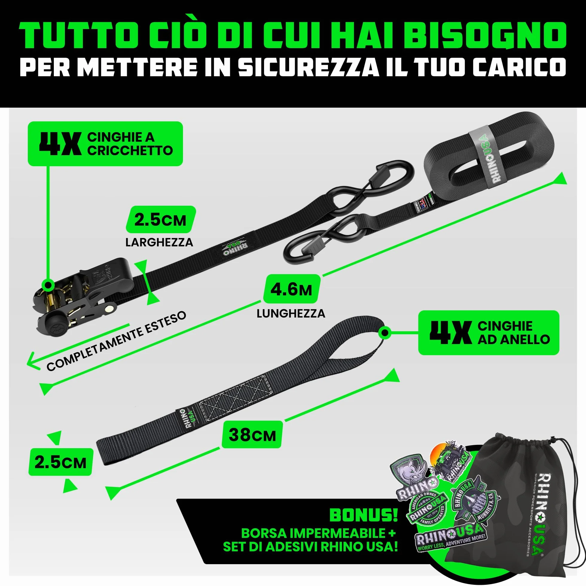 Cinghie a Cricchetto Rhino USA (4-Pack) - 2.5 cm x 4.6 m (800 kg di Resistenza alla Rottura) - Ganci a S di Sicurezza - Cinghie Premium per Camion, Carichi, Traslochi, Elettrodomestici - Nero