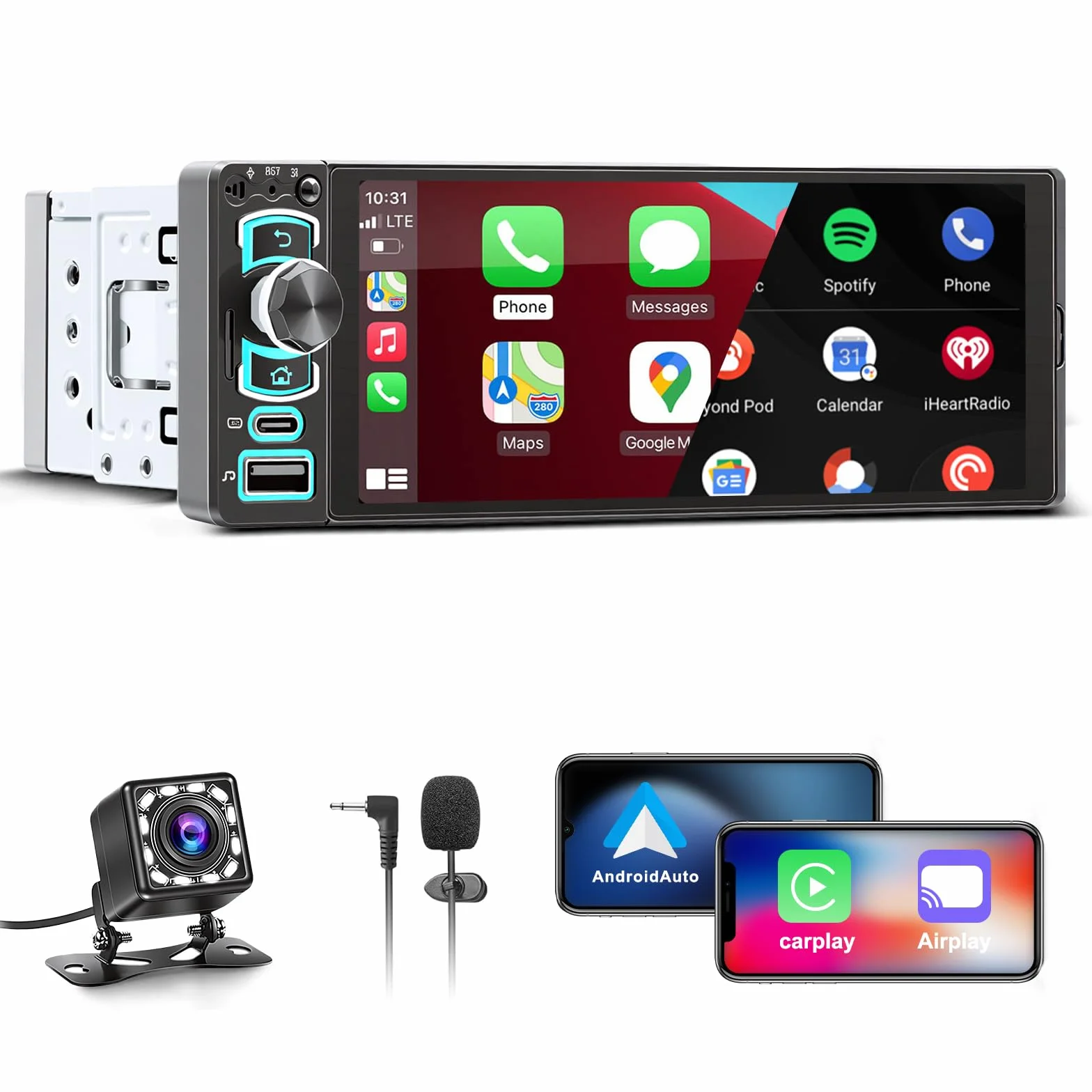 6,28” Autoradio 1 DIN con Schermo,Car Radio con Wireless CarPlay Android Auto,Radio 1 Din Car Play Supporta Bluetooth,Mirror Link, Telecamera Posteriore,FM,EQ,Type-C,Mic,Touchscreen,Navigazione GPS