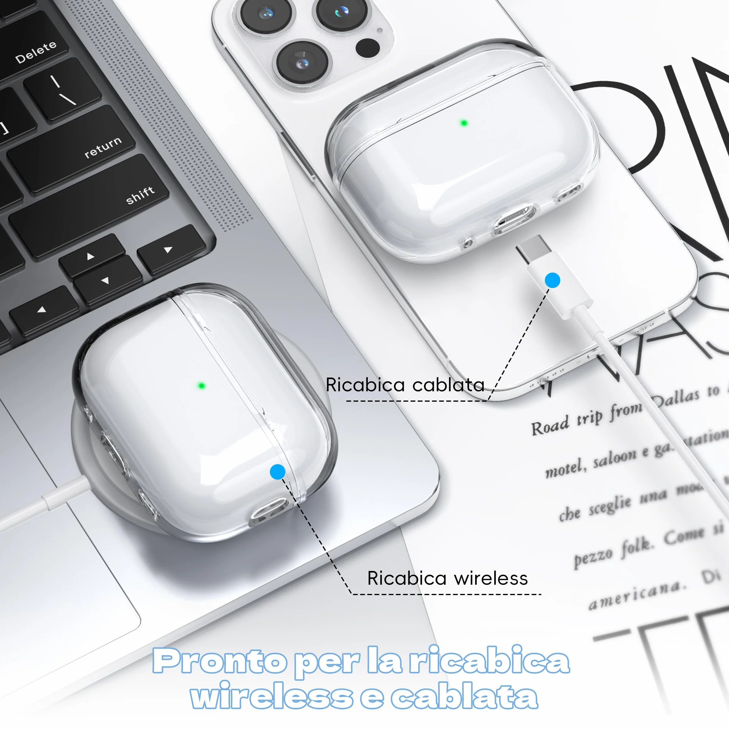 Custodia per Airpods Pro 2a/1a gen, Compatibile con Custodia Airpods Pro 2a gen Porta di ricarica USB C, Custodia morbida trasparente antiurto con penna per pulizia cordino,Trasparente