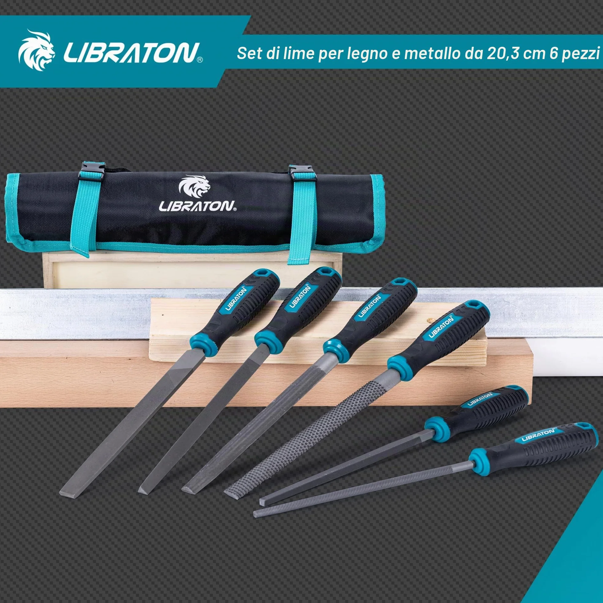 Libraton Set di Lime Metalliche 6 Pezzi 8 Pollici Acciaio al Carbonio Manico in Gomma con Raspa per Legno