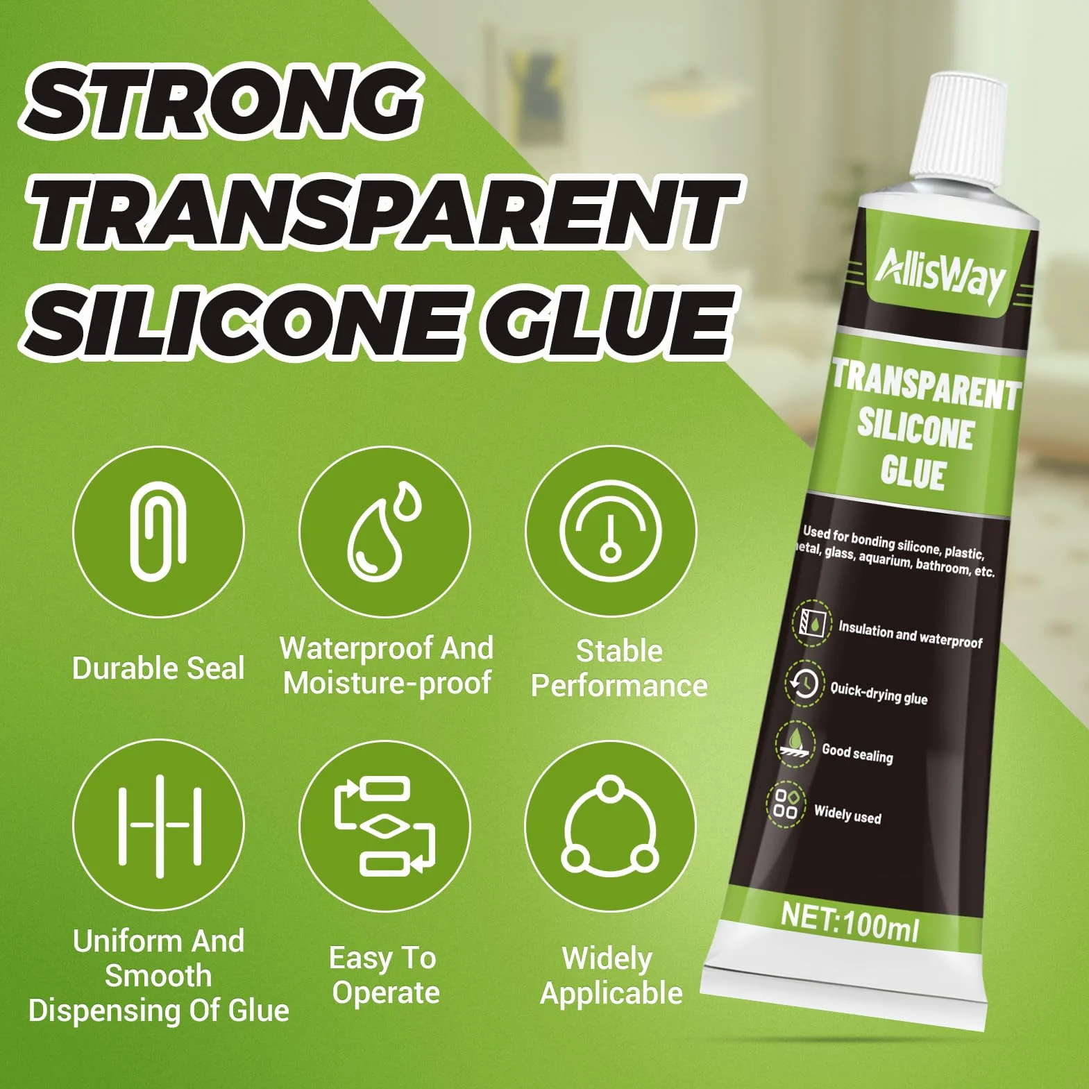 Sigillante Silicone Trasparente Impermeabile 100 Ml per Vetro Metallo Ceramica Plastica