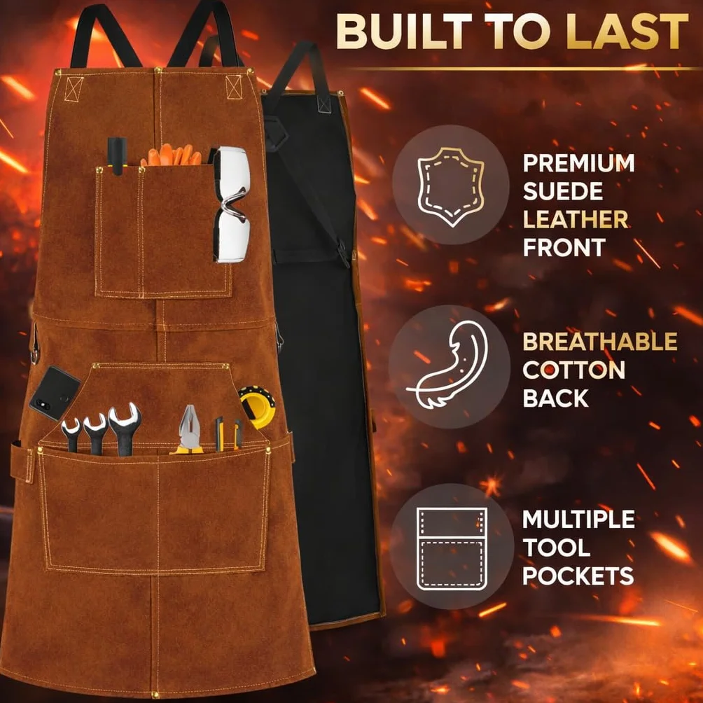 BWOLF SMITH Grembiule Saldatore in Pelle per Lavoro di Legno | Grembiule per Falegname con 6 Tasche | Grembiule per Saldatura e Resistente | Resistente al Calore | Regolabile