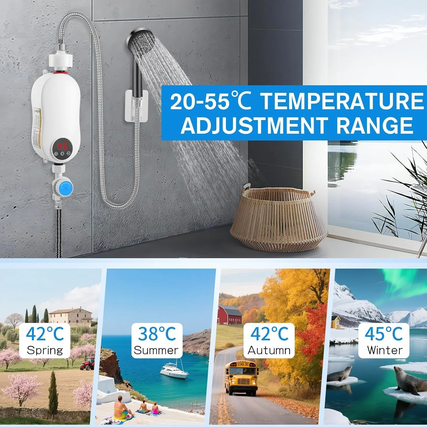 Scaldacqua elettrico istantaneo (con kit doccia) 5500 W 220 V mini scaldabagno senza serbatoio acqua calda, indicatore di temperatura LED + tecnologia intelligente inverter (5500 W)