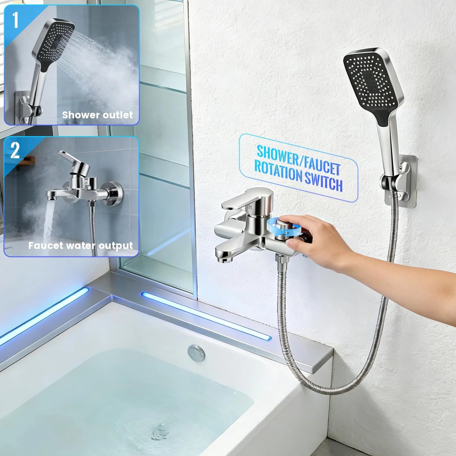 Miscelatore in ottone per vasca da bagno con doccetta a mano, rubinetto a cascata parete flessibile 1,5 m