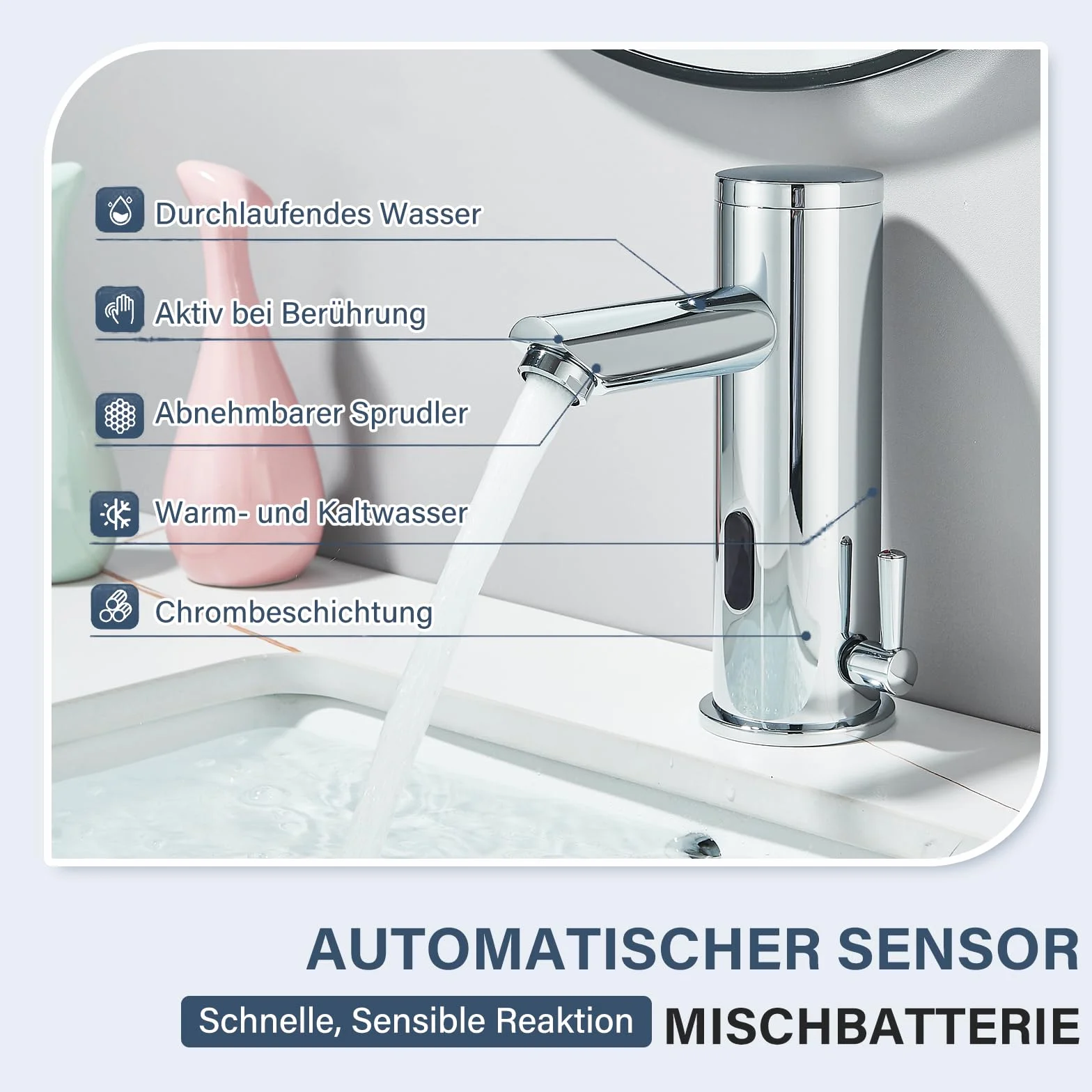 Rubinetto Bagno Cromo Sensore a Infrarossi Automatico Miscelatore Acqua Calda Fredda Lavello