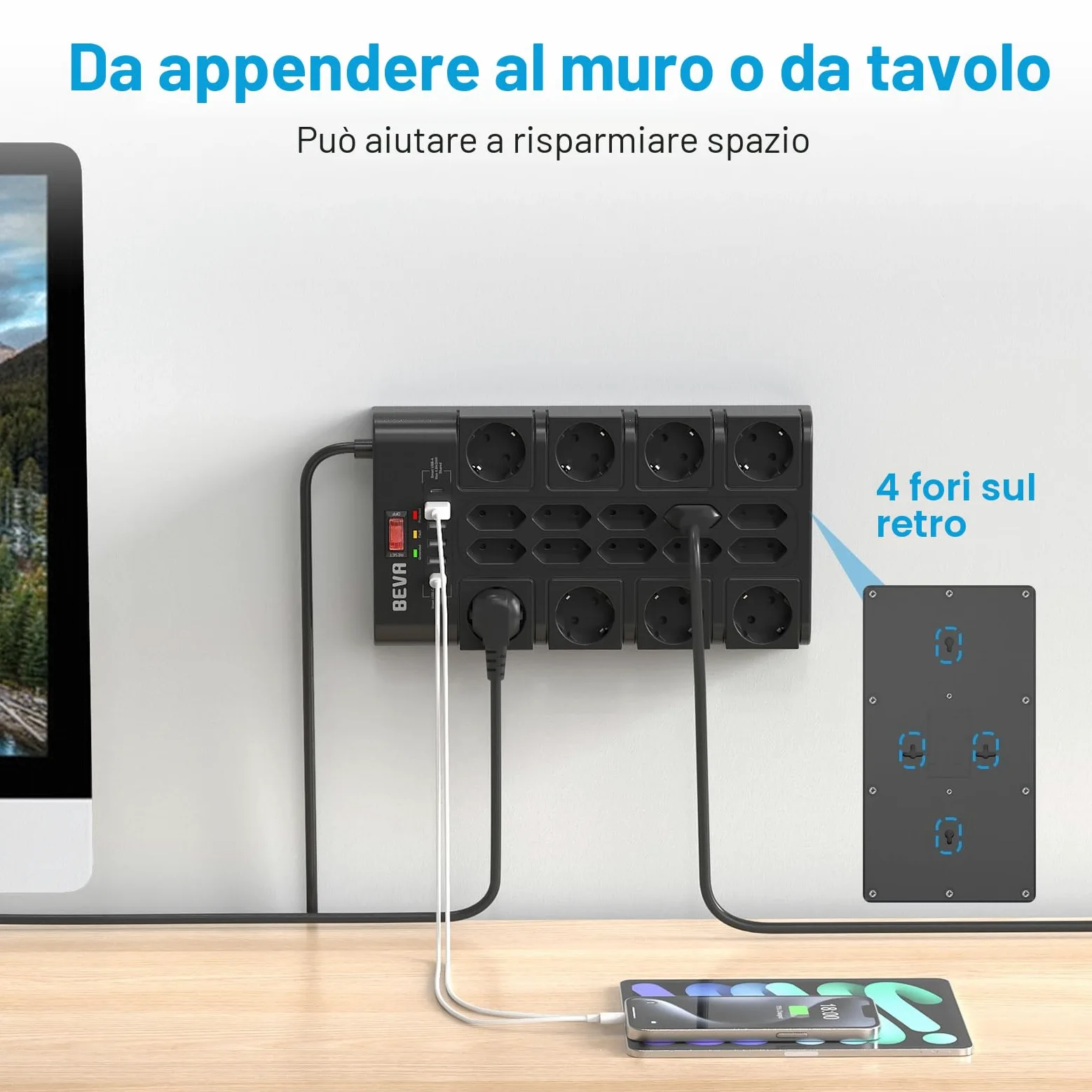 4M Ciabatta Multipresa 3680W/16A, BEVA Ciabatta Elettrica con 18 Prese CA, 4 Porte di Ricarica USB-A e 2 USB-C, Presa con Indicatore di Stato e Protezione Dalle Sovratensioni