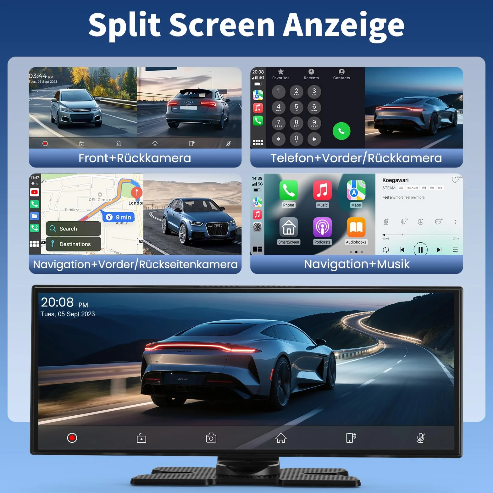 Alpinetech 10,26 Pollici Autoradio Portatile con Wireless Carplay Android Auto Touchscreen Monitor Anteriore Dashcam 4K e Telecamera Posteriore 1080P Bluetooth GPS Siri Mirror Link AUX FM 64G TF 7V-32