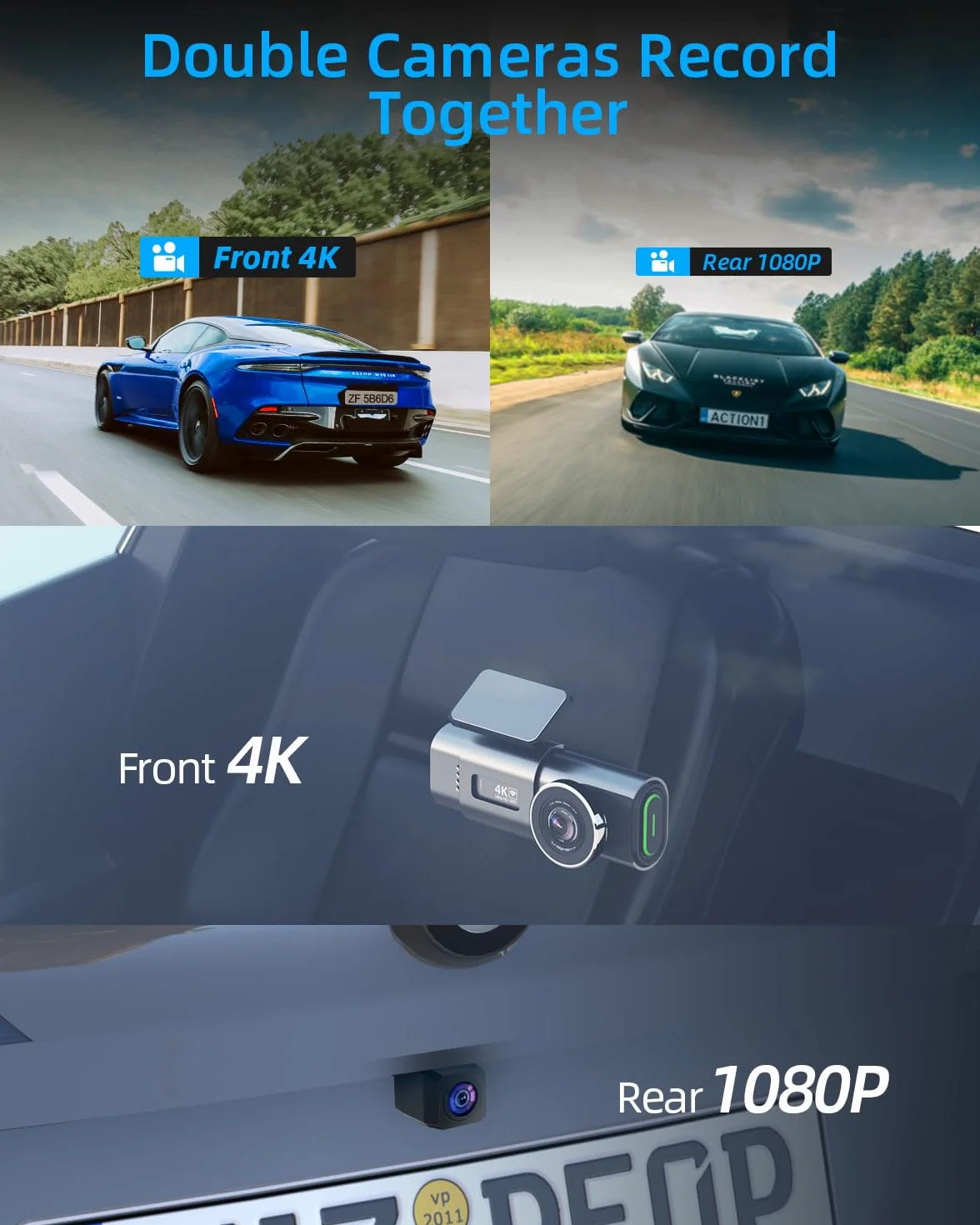 Telecamera WiFi per auto anteriore posteriore, 4K + 1080P per auto, controllo app con scheda SD da 64 G, visione notturna, sensore G, registrazione loop, WDR (Pollici, 1.47)