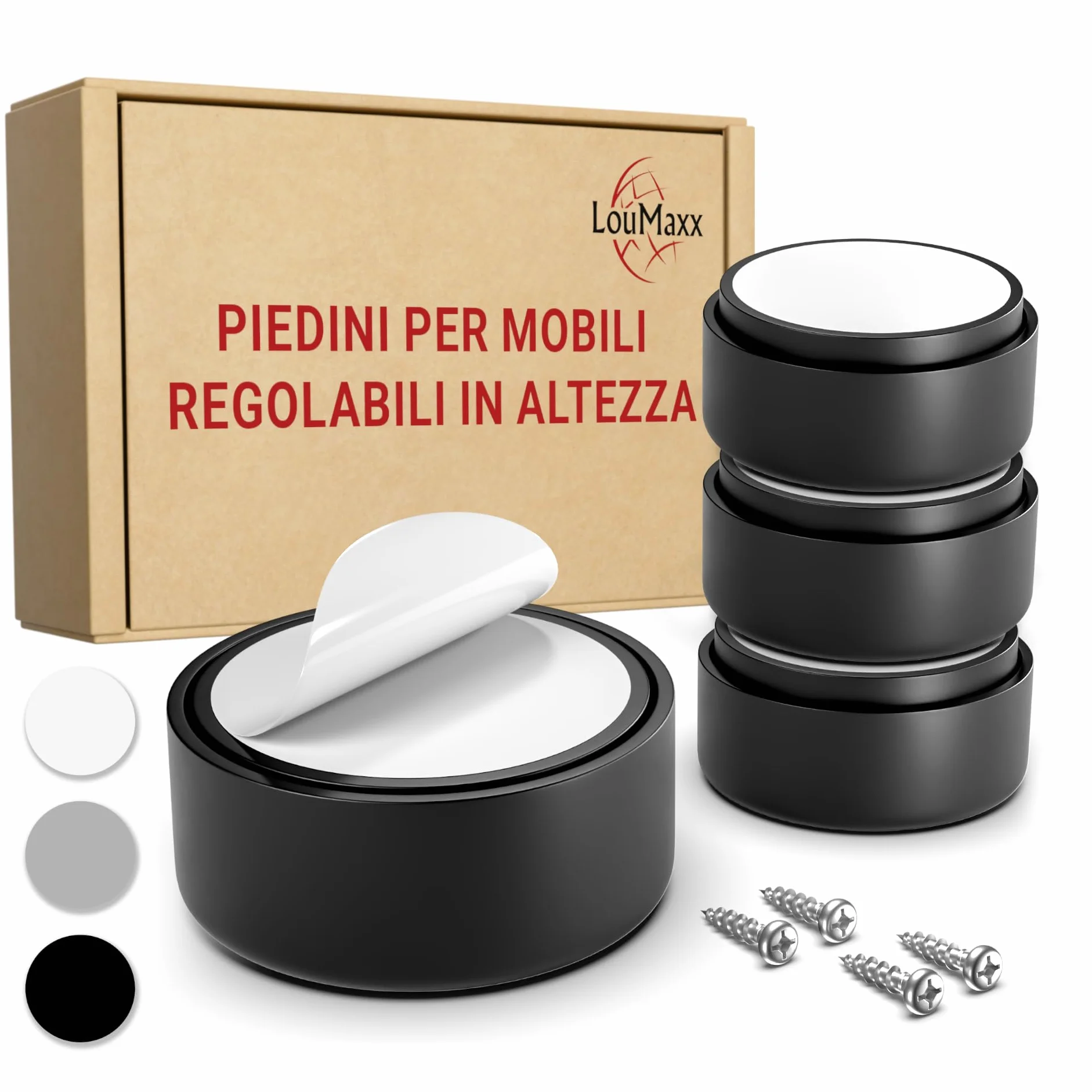 LouMaxx Piedini per Mobili Adesivi Regolabili Ø 53,5 mm – Set da 4
