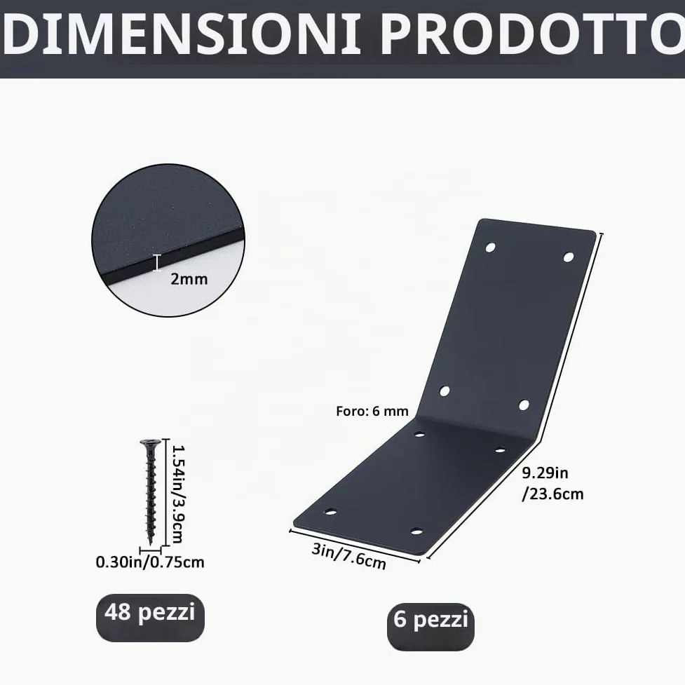 SUPERFINDINGS 6 staffe angolari a filo interno a 45 gradi, 23,6 x 7,6 cm, in ferro, 8 fori, con 48 viti, ginocchiere ad angolo nero per il fissaggio di mobili in legno per pergola