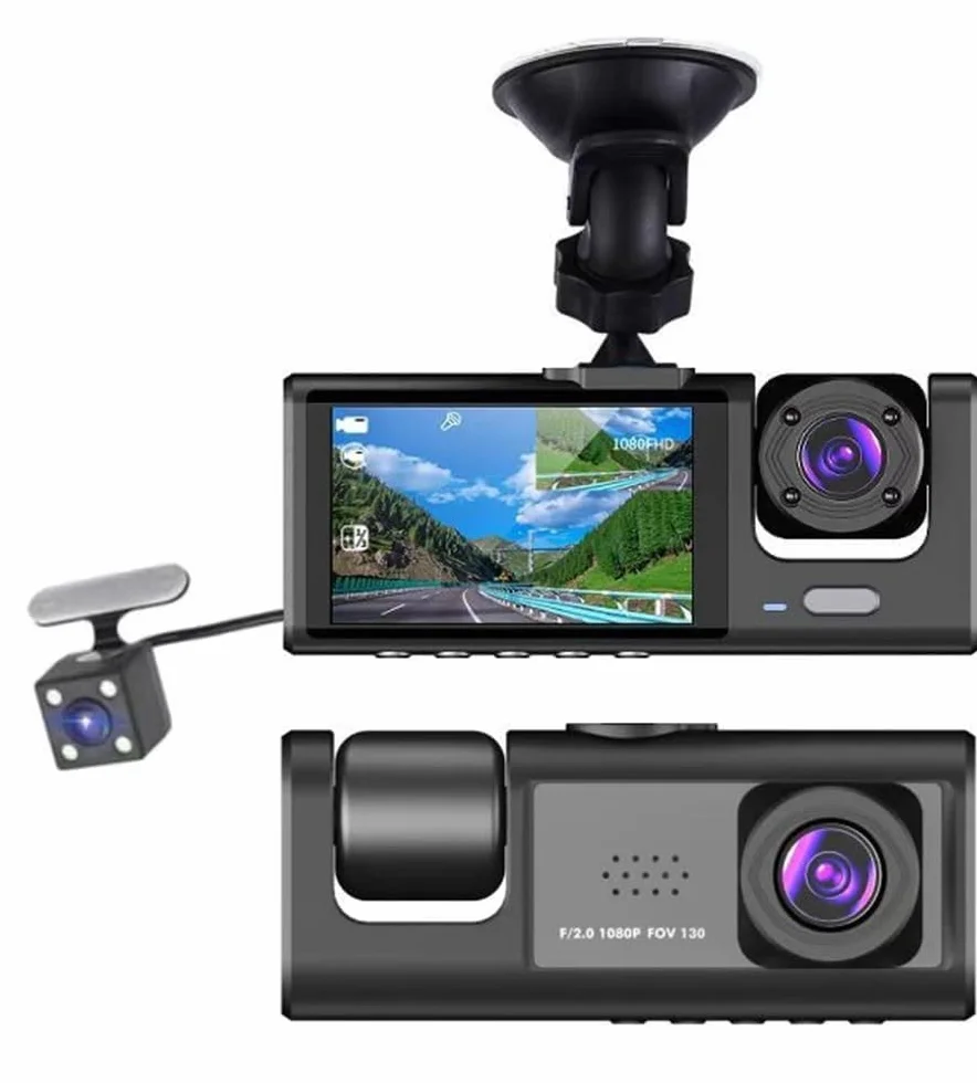 Dash Cam Auto 3 Lenti Full HD 1080P, Tripla Videocamera Frontale + Abitacolo + Posteriore, Visione Notturna, Monitoraggio Parcheggio 24H, Display Integrato, Installazione Facile con Supporto Ventosa