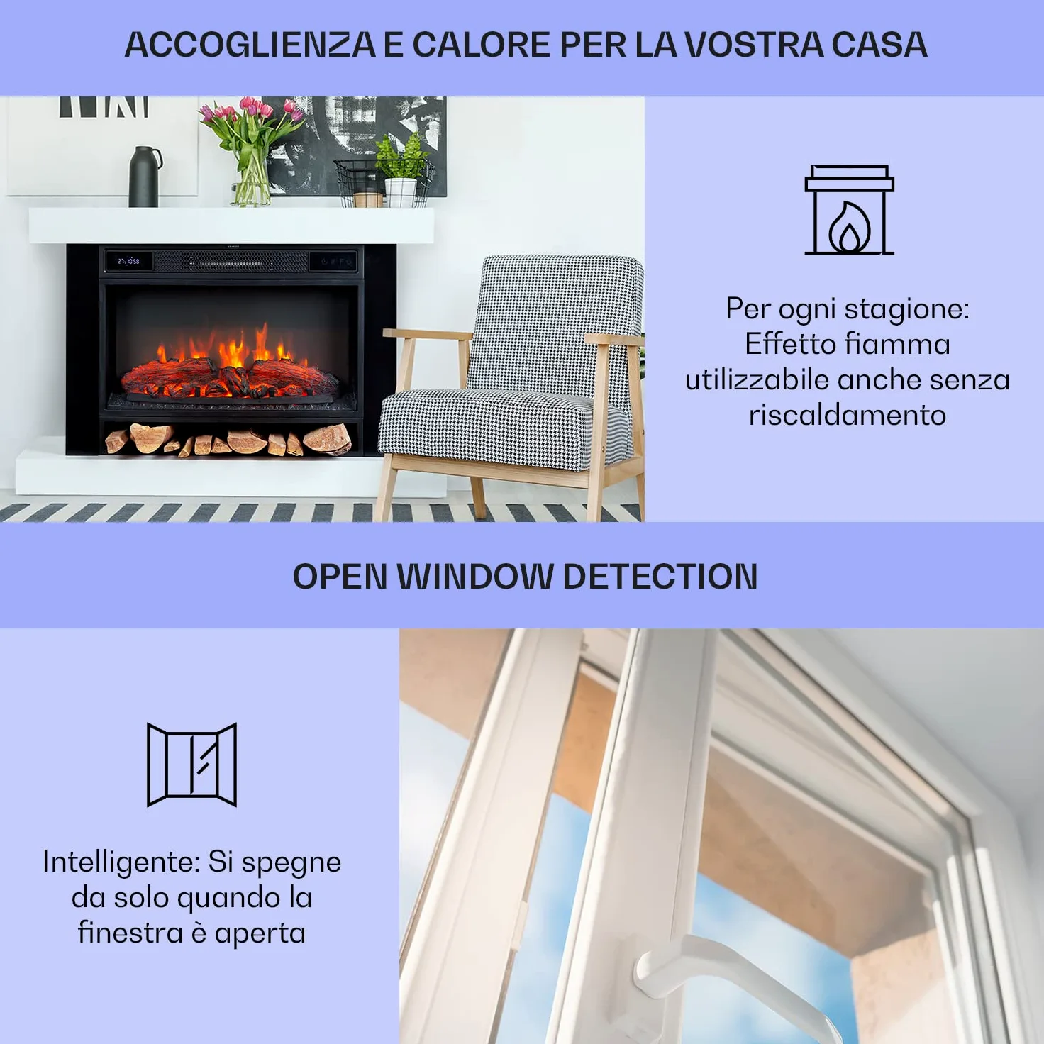 Klarstein Camino Elettrico Basso Consumo, con Mensola, da Parete, Caminetto Finto da Terra, 1900W, Decorativo con LED, Telecomando, Timer, Controllo Temperatura