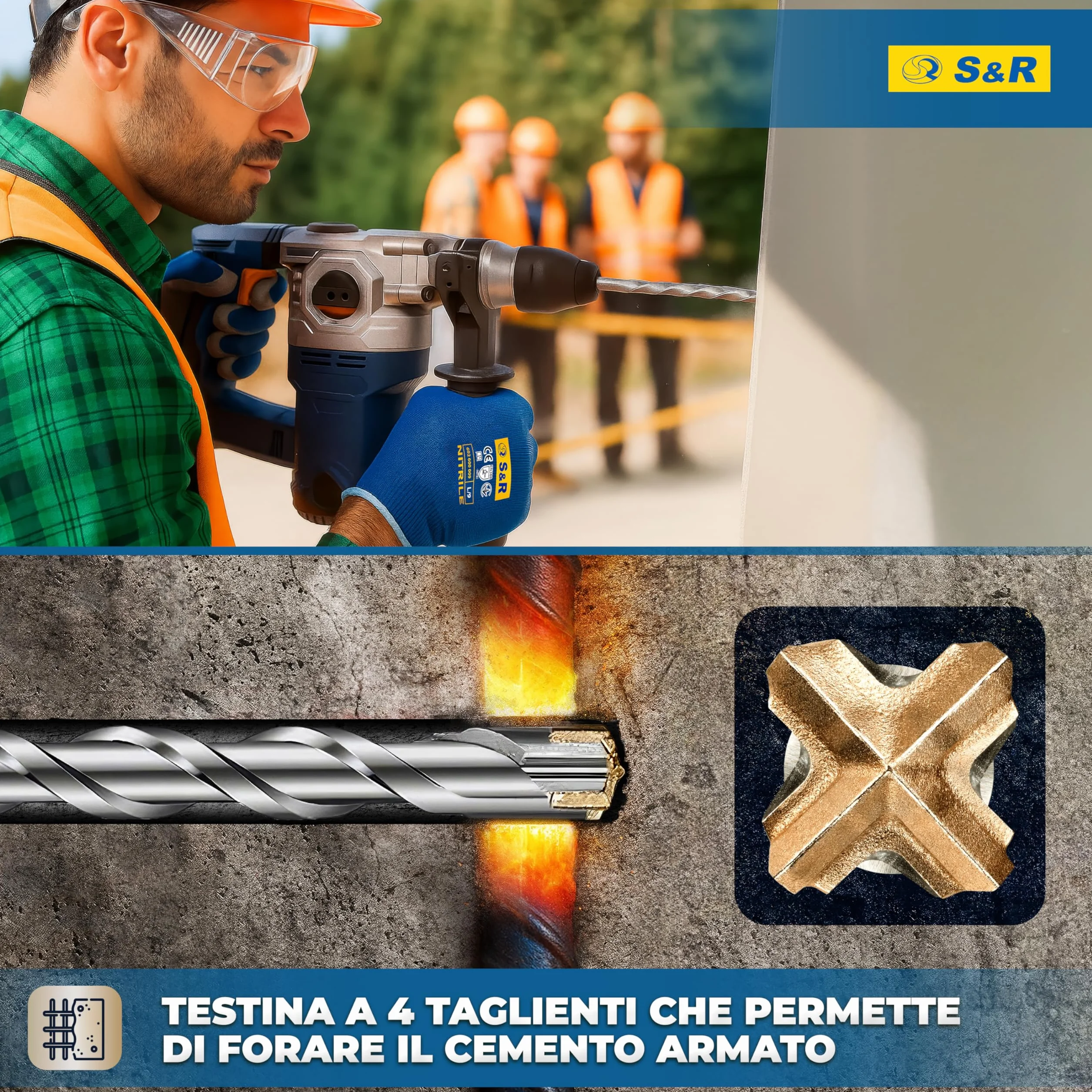 S&R Set Punte Trapano SDS-Plus 4 taglienti 6 pezzi Ø 5-8 x 11cm 6-10 x 16cm per Cemento Armato Muratura