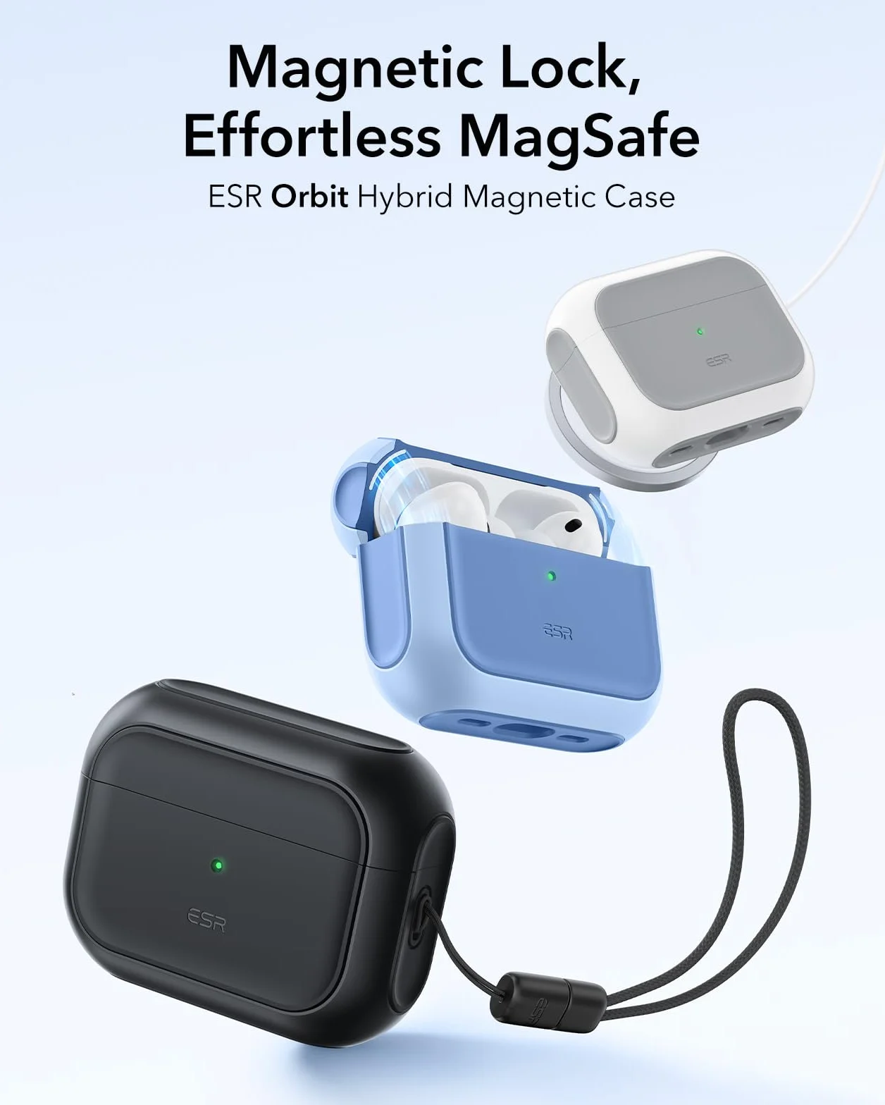 ESR Custodia per AirPods Pro 3, Compatibile con la custodia AirPods Pro di 3a Gen (2025), Compatibile con MagSafe, Protezione completa contro le cadute, Cordino incluso, Nero