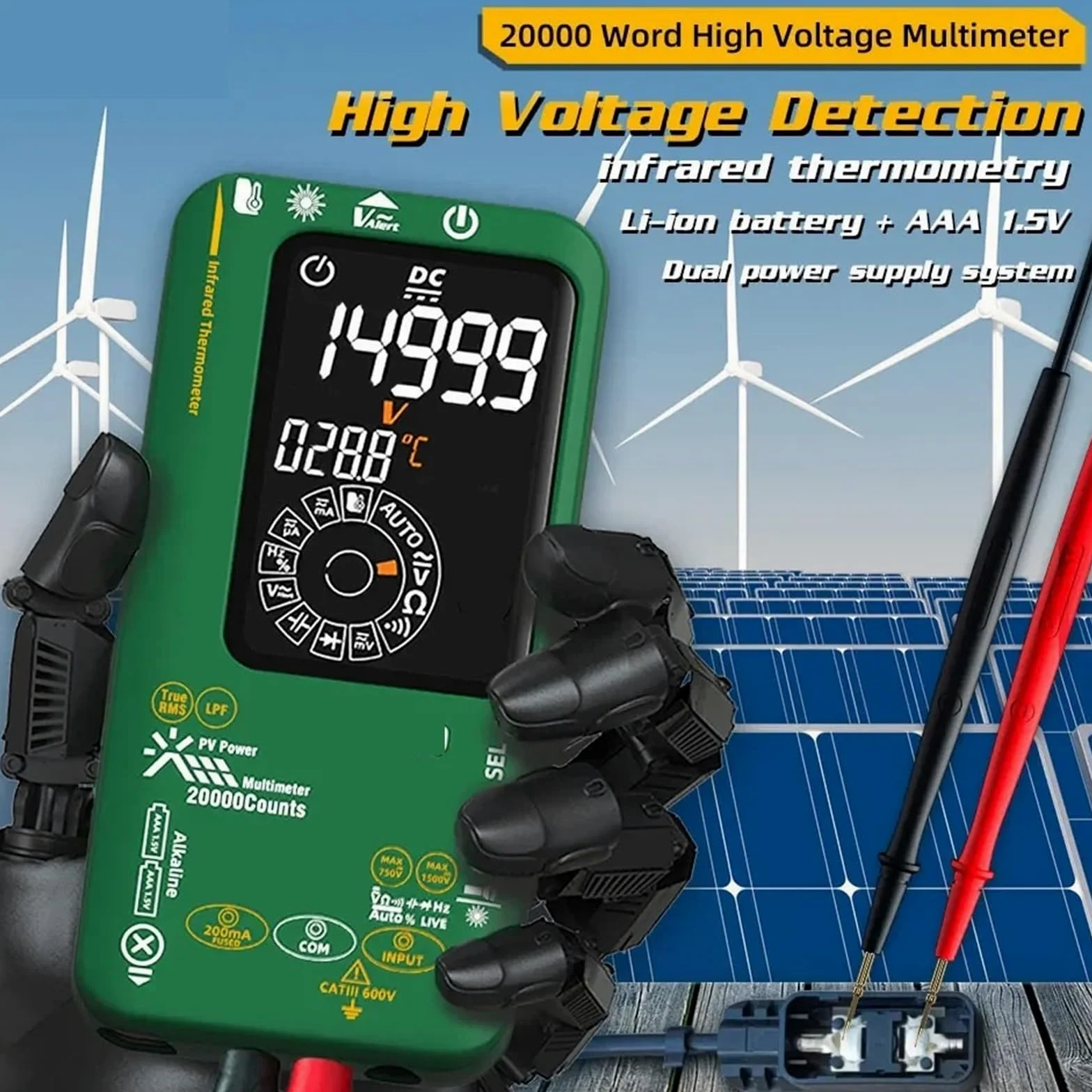 Multimetro, Multimetro digitale intelligente fotovoltaico con display da 20.000 parole, misurazione della temperatura a infrarossi, tensione e corrente continua a 1.500 V.