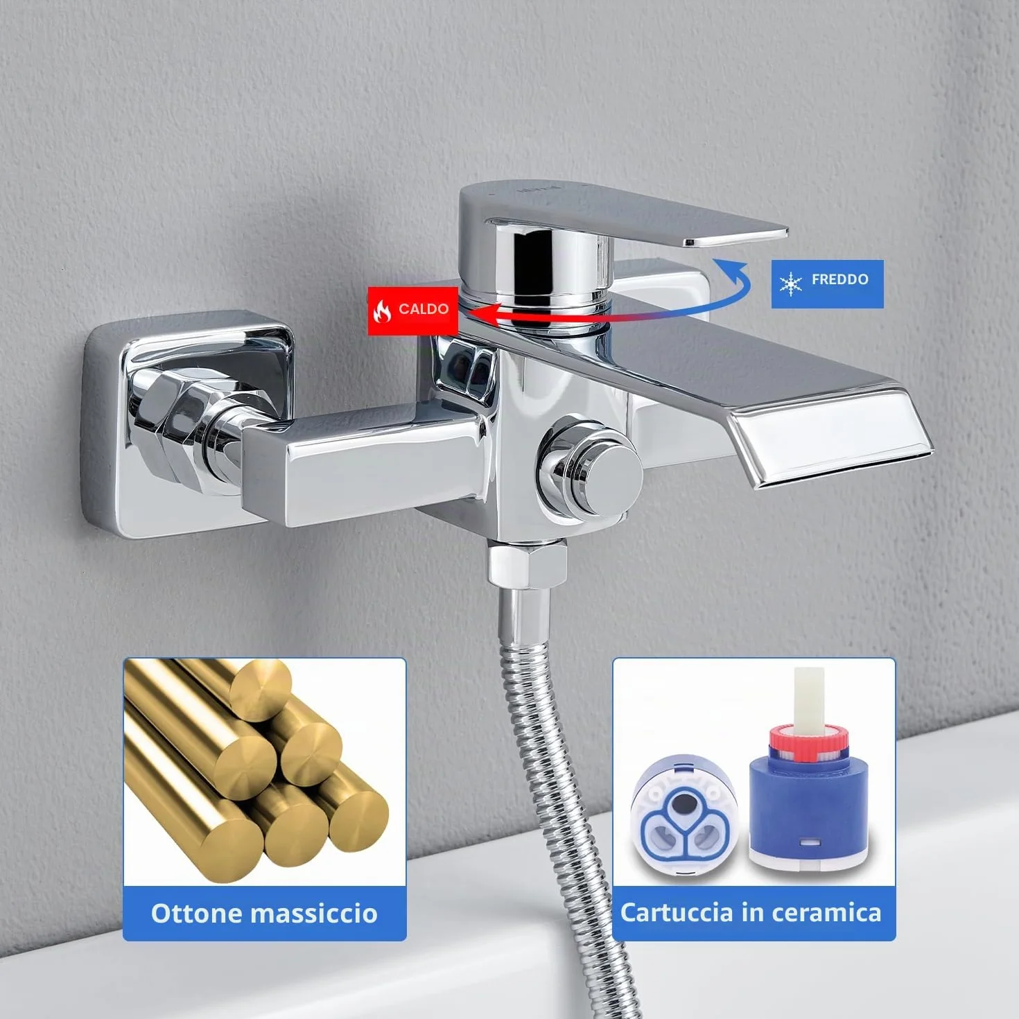 Miscelatore Vasca da Bagno a Cascata in Ottone, Rubinetto Doccia a Parete, Cromo Argento G 1/2"