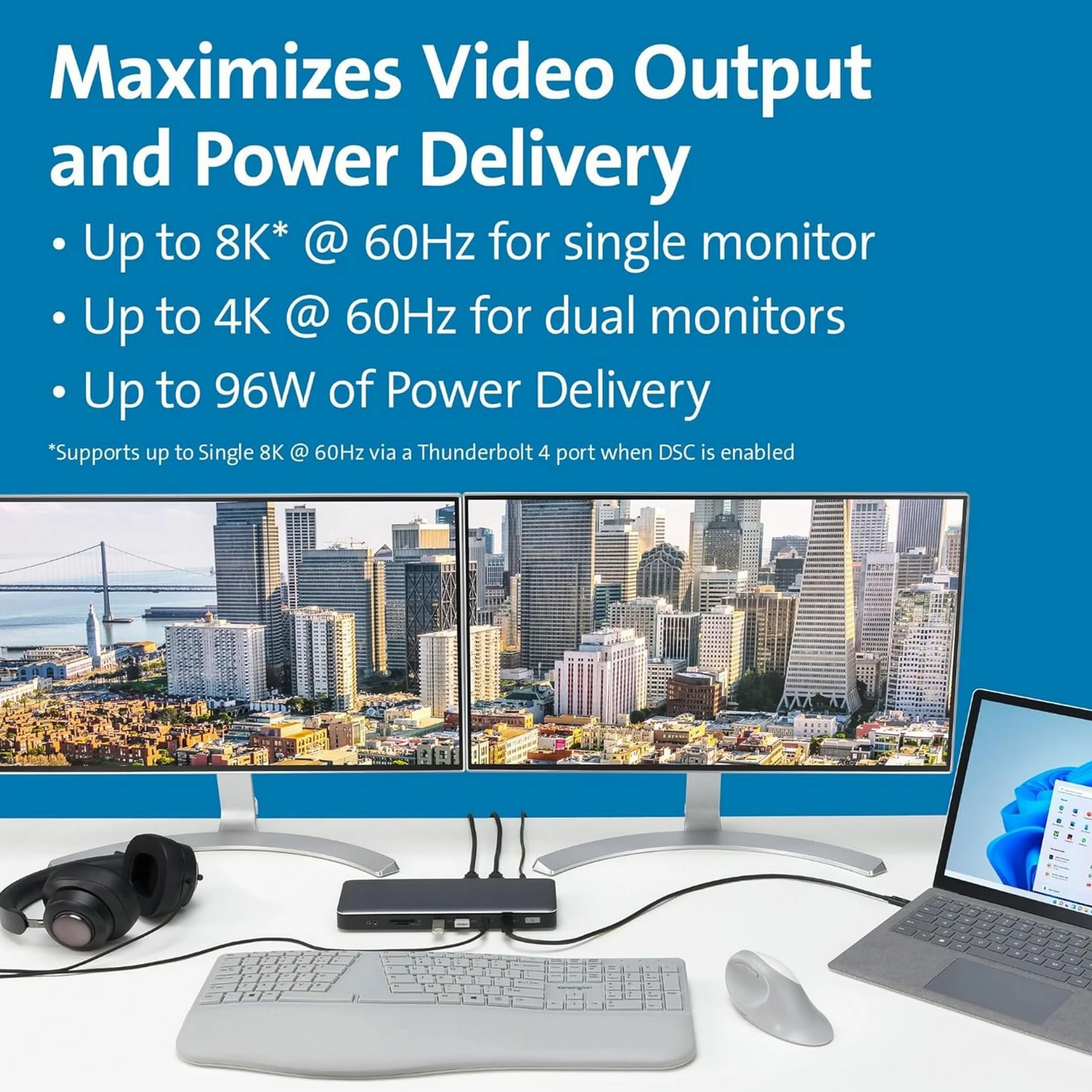 Kensington SD5760T Docking Station Thunderbolt 4 per Doppio Monitor 8K/4K con Lettore di Schede Micro SD, Alimentazione 96 W, 2 Porte HDMI, Ethernet, USB-C 3.2 e 4 Porte USB-A (K34110EU)