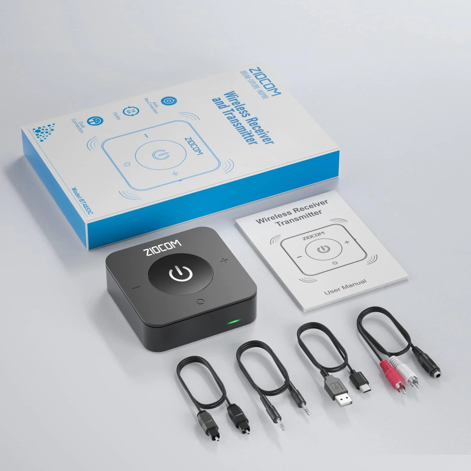 ZIOCOM Bluetooth 5.0 Trasmettitore Ricevitore, Adattatore Audio Wireless 2 in 1 per TV/PC/Casse e Impianto Stereo di Casa (Ottico, Aux 3,5 mm, RCA), Accoppia 2 Dispositivi Contemporaneamente