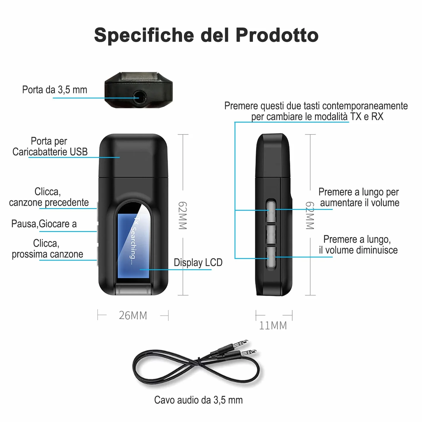 Trasmettitore e Ricevitore 2-in-1 Bluetooth 5.0, UYTUDL Wireless Adattatore Audio Hi-Fi Segnale Fili da 3.5mm e Rca, Trasmettitore Aux Bluetooth per TV PC Cuffie Stereo Altoparlanti Auto, Auricolari