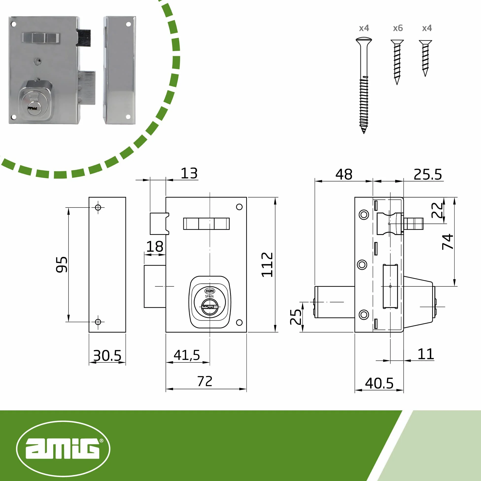 Amig - Serratura da sovrapposizione a destra con leva di chiusura, linguetta e maniglia per porte in legno mod. 75, 72 x 112 mm, cilindro rotondo di sicurezza, acciaio argentato
