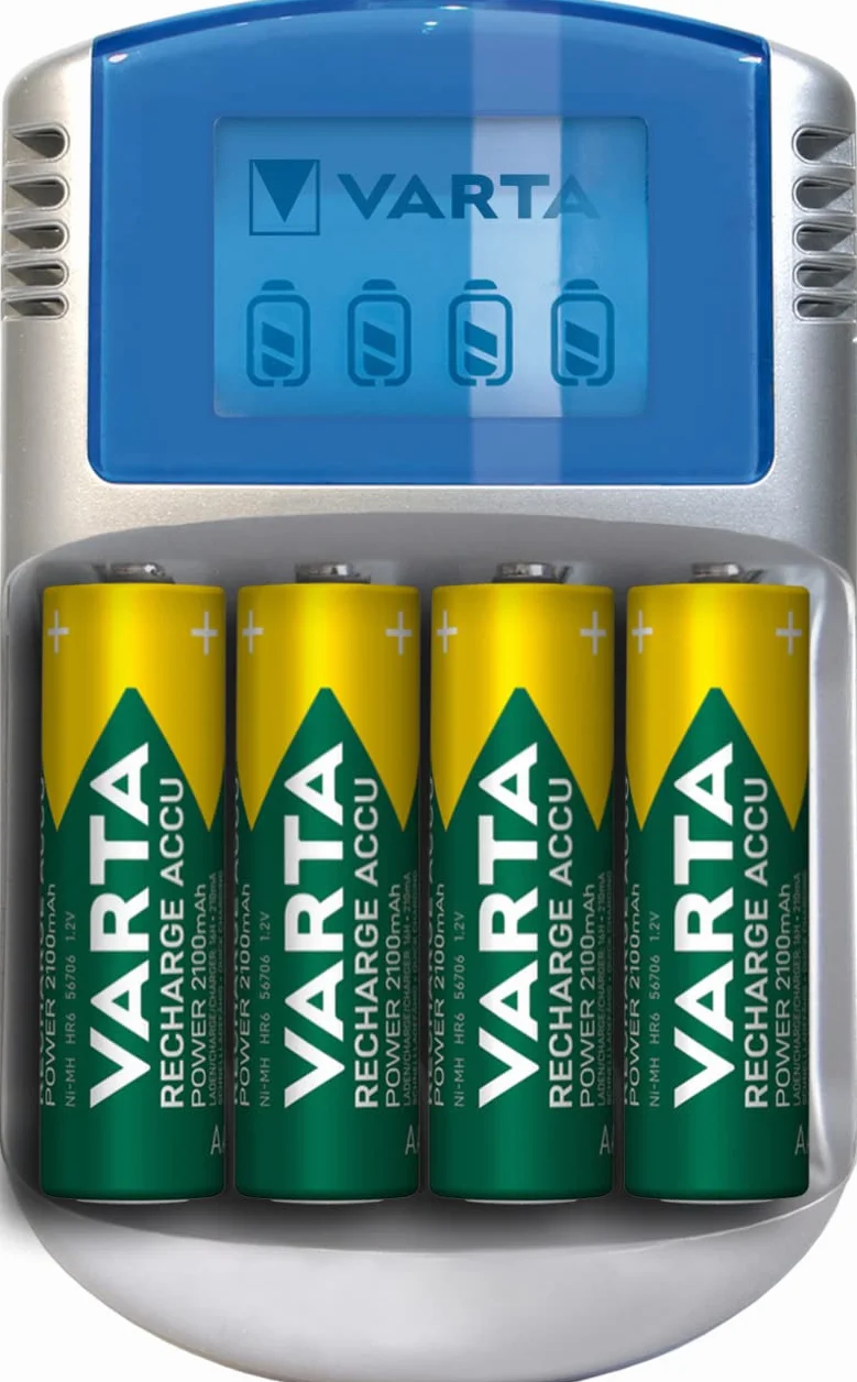 Varta Caricabatterie LCD per AA/AAA con 4 Batterie AA 2600 mAh, Adattatore 12V e Cavo USB Inclusi