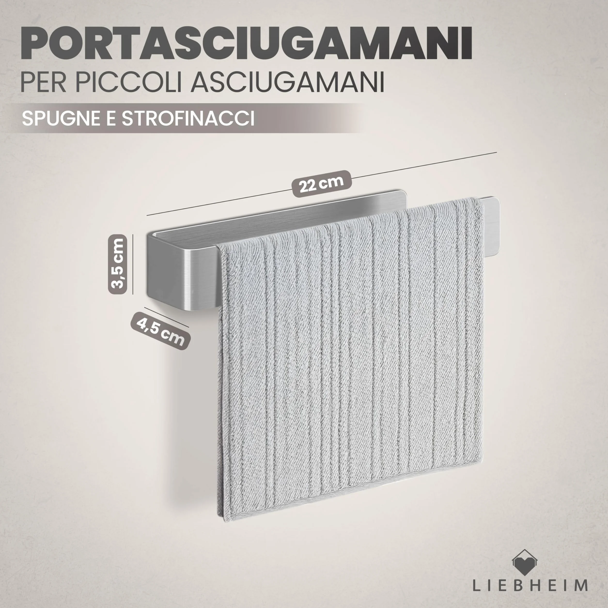LIEBHEIM Barra portasciugamani in acciaio inox 22 cm senza forare nastro adesivo extra large