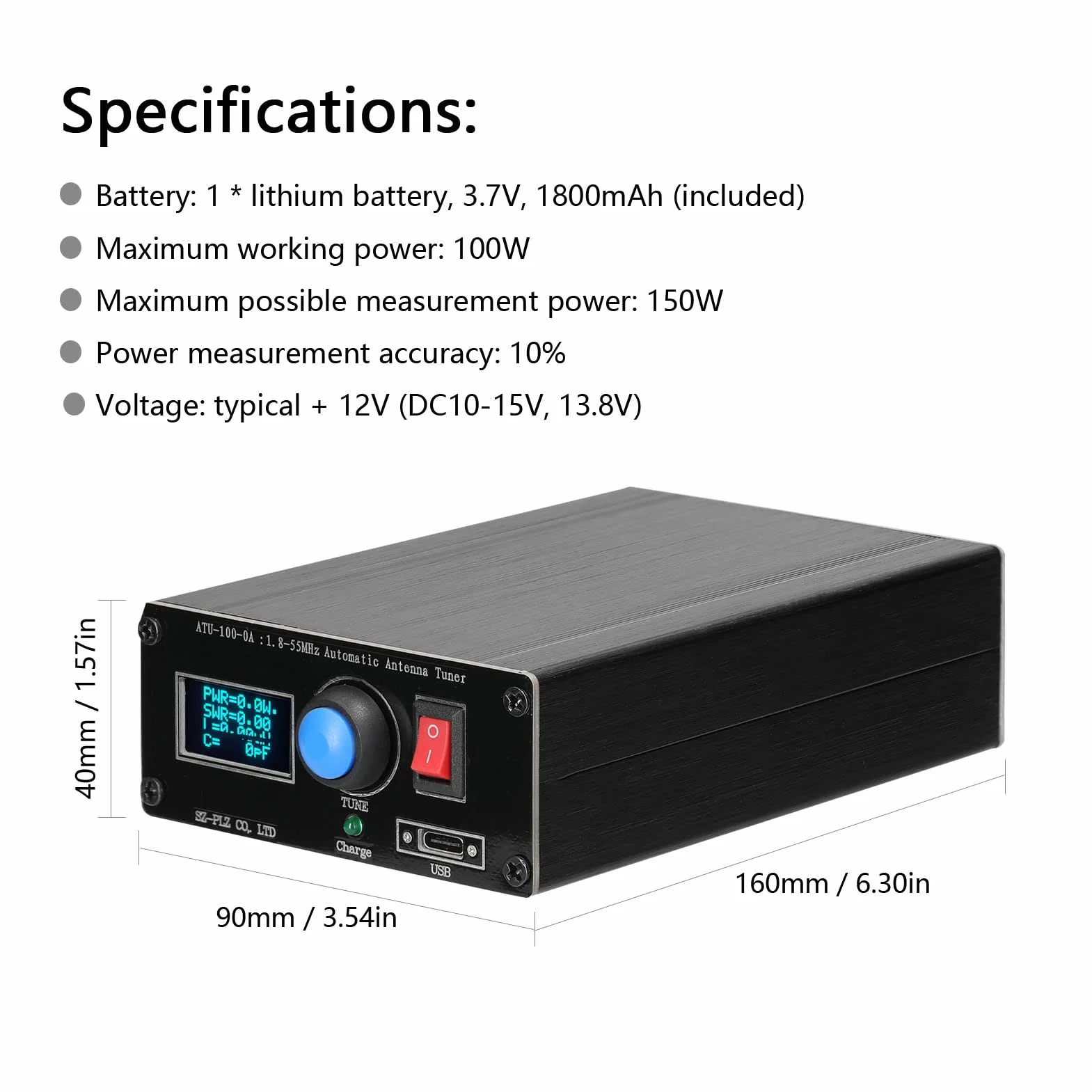 ATU-100-0A 1,8-55 Mini sintonizzatore automatico per antenna da 0,91 pollici, display OLED in lega di alluminio, alloggiamento esterno con batteria da 1800 mAh