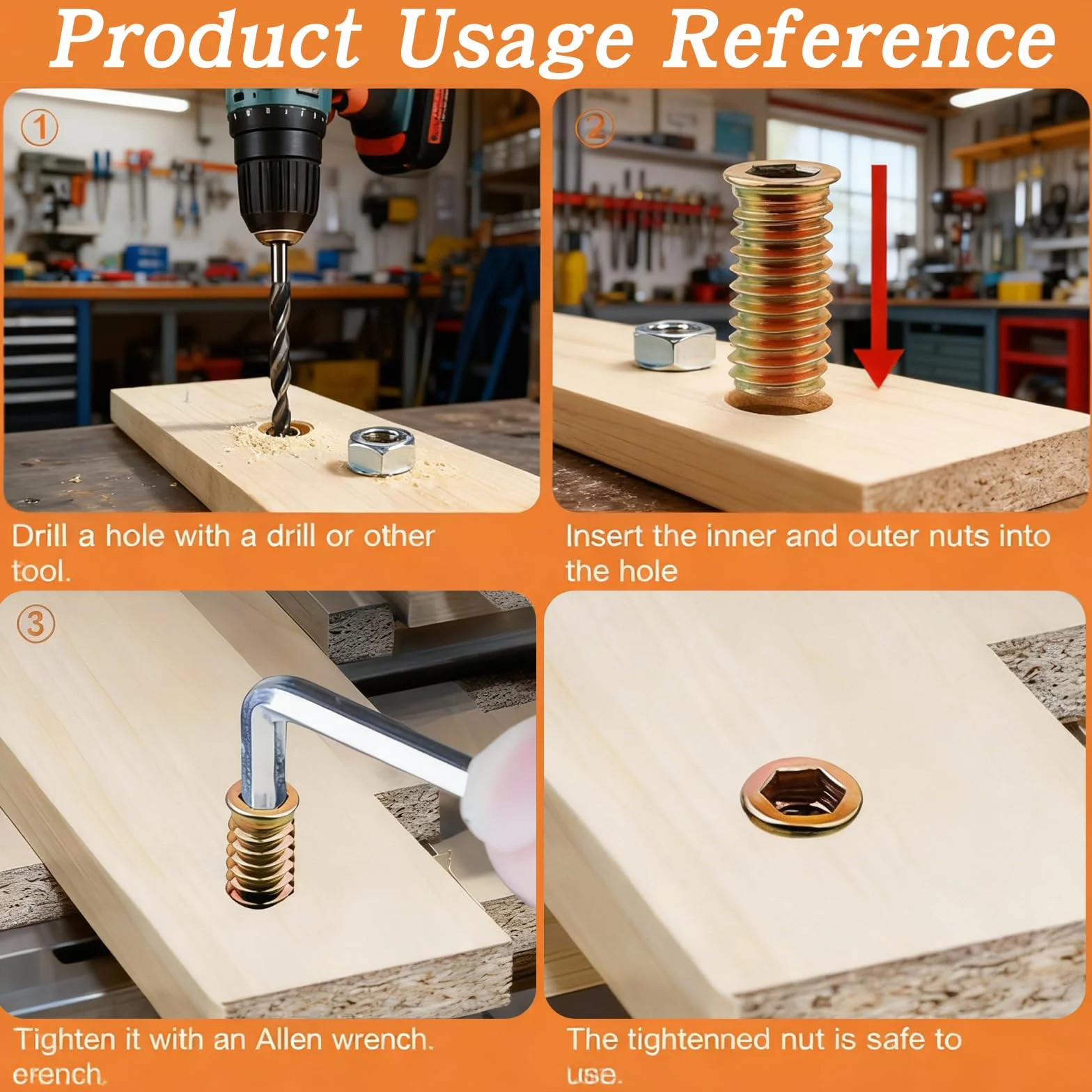 Inserti filettati per Legno M8x30mm Acciaio zincato Resistenti alla ruggine Dadi a Inserto 30 Pezzi