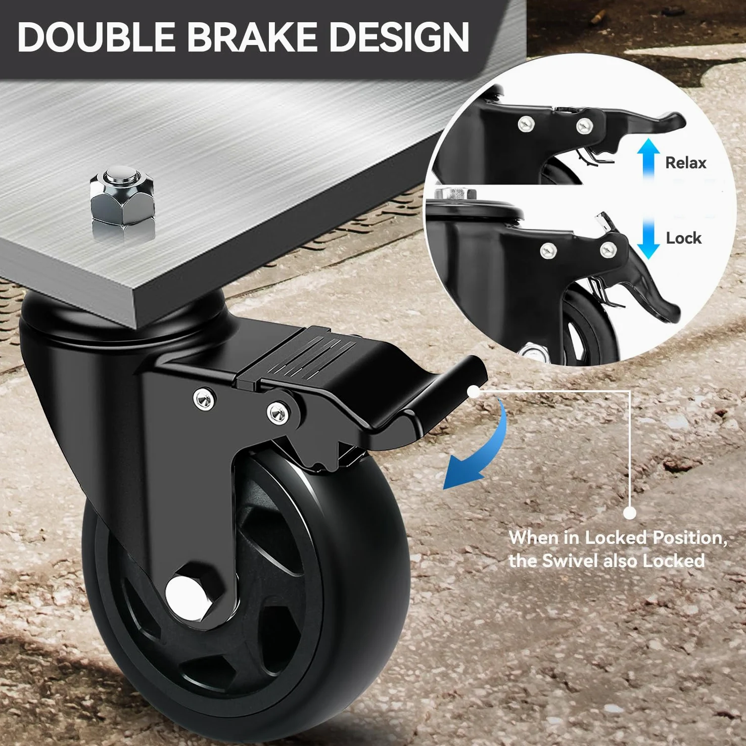 per carichi pesanti 75MM ruote per carrelli con Freno, ruote per mobili con M10x1.5x30mm Vite Perno, Bino Cuscinetto Perno Ruote Girevole Ruote per Mobili, set da 4 PU Carrello Ruote su a 400kg