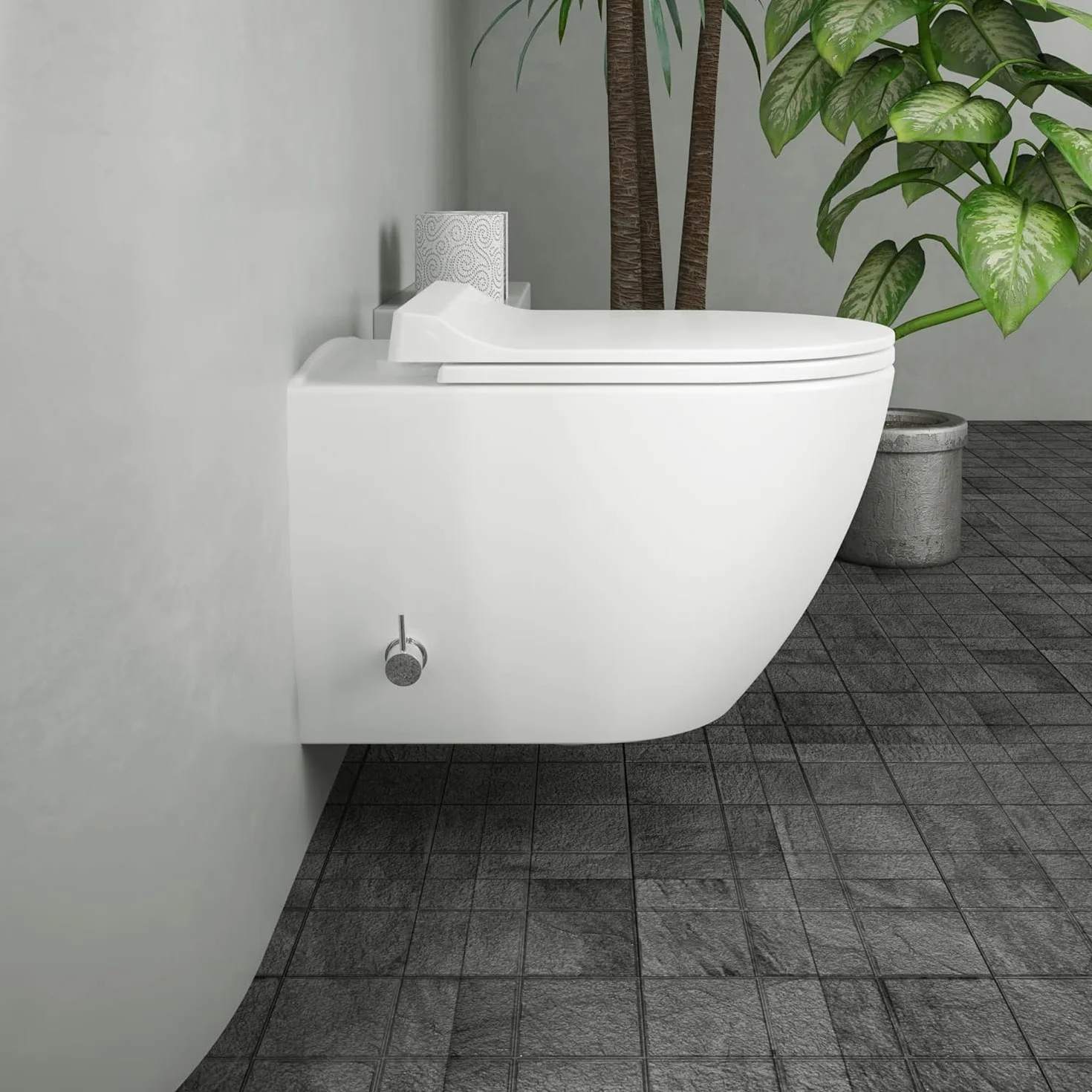 Rimless Wall-Hung WC con funzione bidet integrata e rubinetto miscelatore caldo/freddo, sedile in Duroplast, ceramica bianca