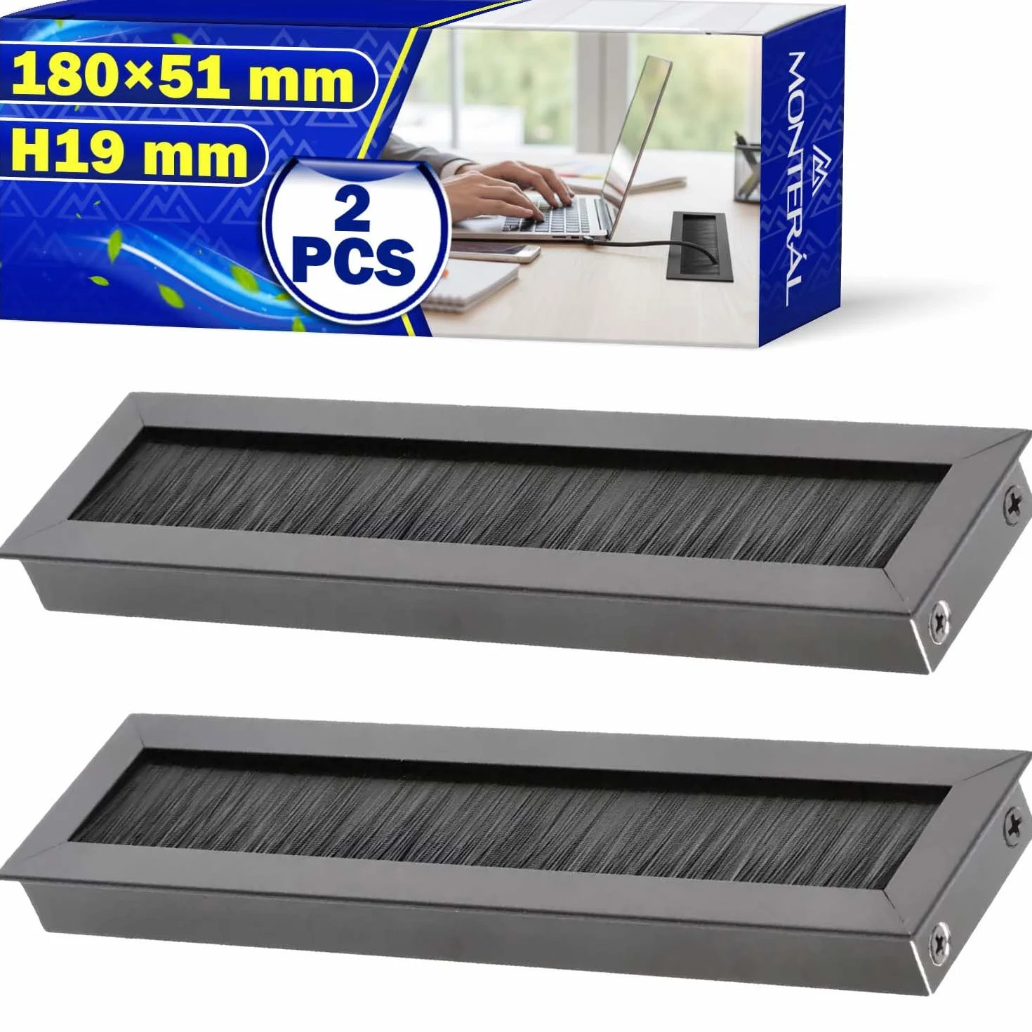 MONTERAL 2 Pezzi Passacavo per Scrivania 180 x 51 mm H19 mm Colore Nero - Tappi Passacavi Scrivania con Spazzola - Garanzia di 10 Anni