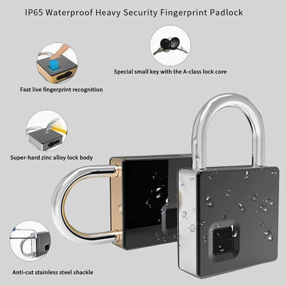 Fingerprint Lucchetto Smart Smartless Security Security Locker Lock Gym Lock IP65 Anti-FECT Anti-Furto Ricaricabile per l'armadietto Scolastico, Palestra, Porta, armadietto, Valigia, Zaino