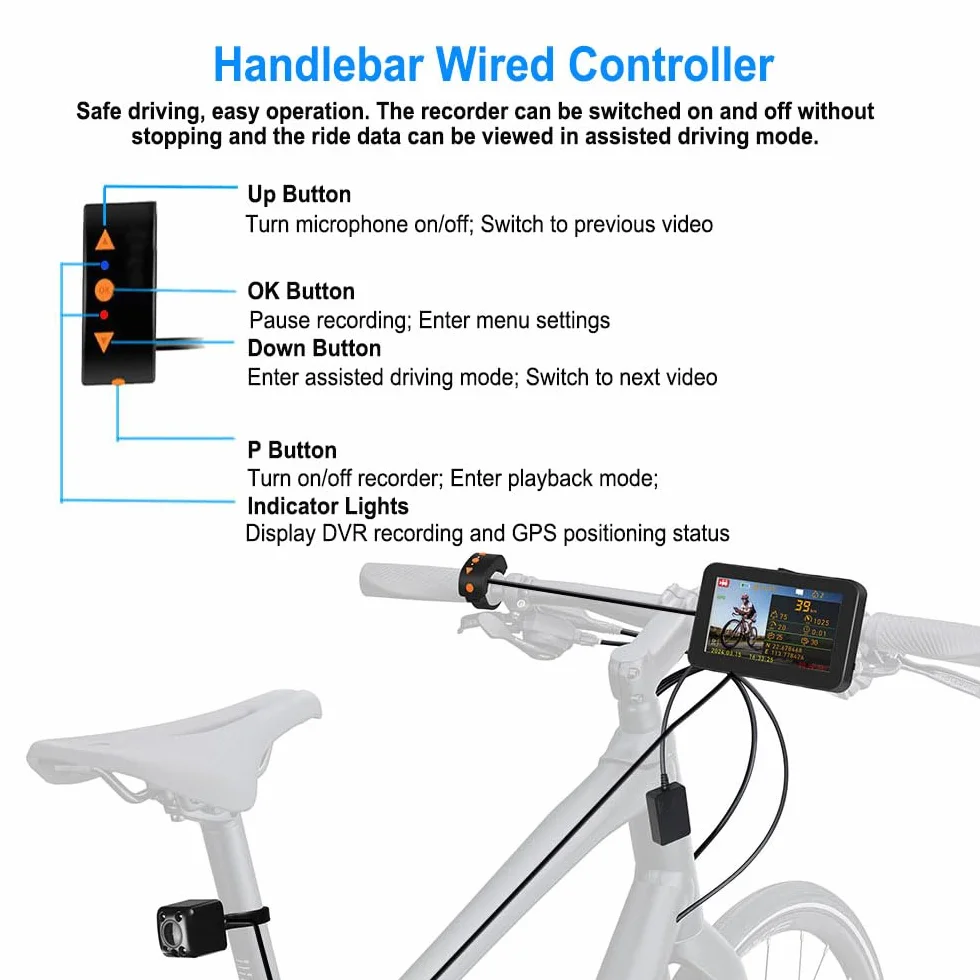 Telecamera posteriore per bicicletta VSYSTO, display HD impermeabile da 4,3 pollici con GPS, controller cablato, visione notturna a infrarossi, display di temperatura e calorie