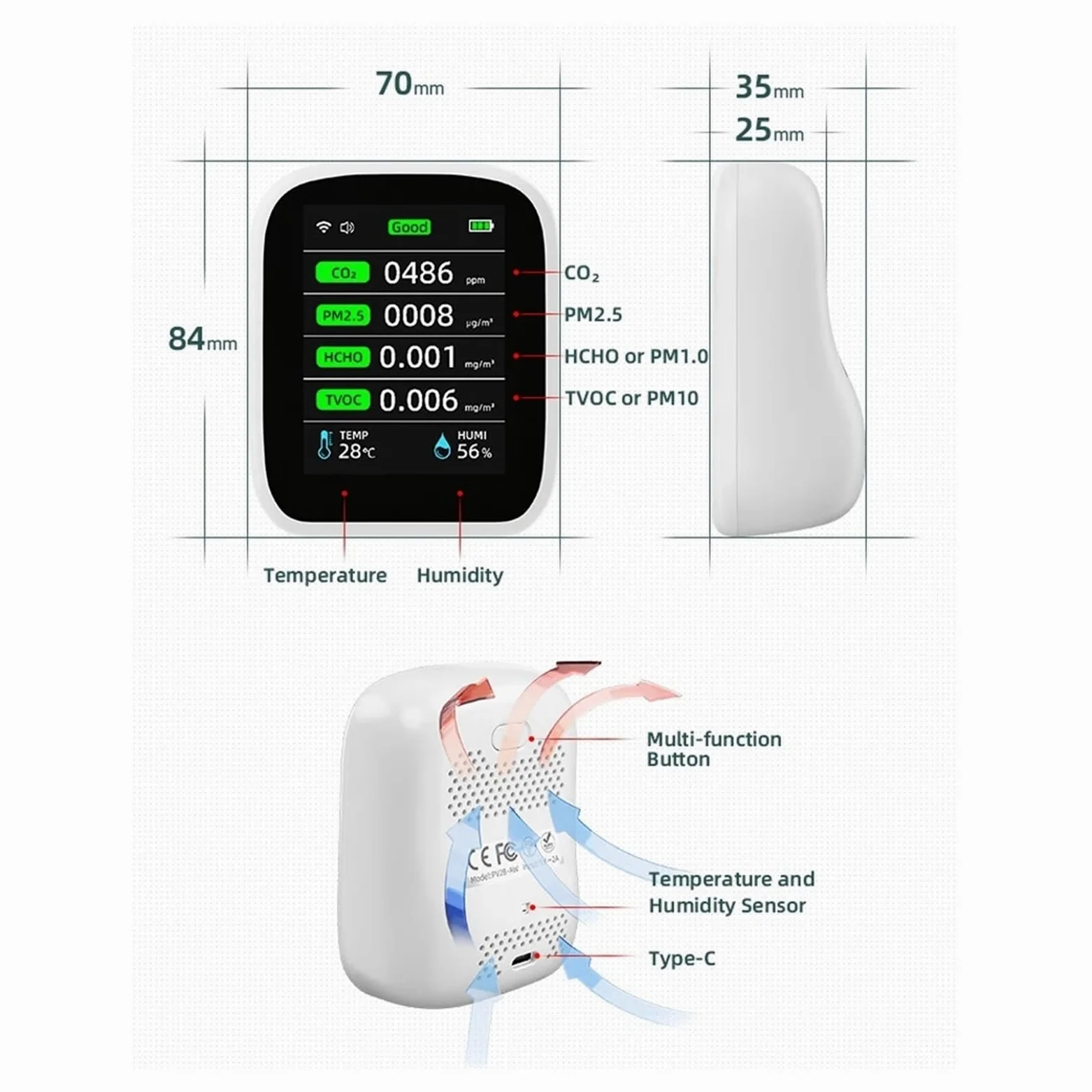 Misuratore Qualità dell'aria, 8in1 Tuy Misuratore di qualità 'aria PM1.0 PM2.5 PM10 CO2 TVOC HCHO Tester di temperatura e umidità Rilevatore di anidride carbonica per Casa Cucina Ufficio Auto