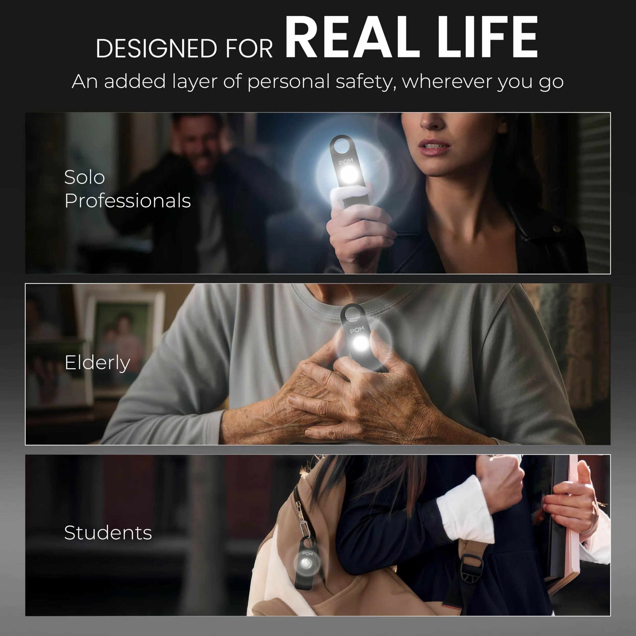 POM Allarme di sicurezza personale da donna, sirena di emergenza forte da 130 dB, ricaricabile con USB-C con torcia LED luminosa, design portatile portachiavi per autodifesa, borsa, zaino e viaggio