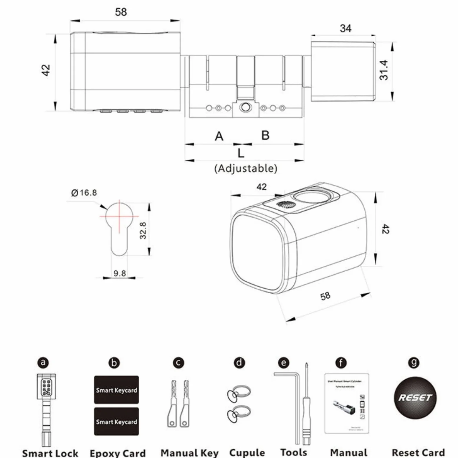 Serratura per porta con impronte digitali, 5 en 1, con codice numerico, chiave RFID APP, apriporta elettronica, cilindro di chiusura regolabile, 60-90 mm