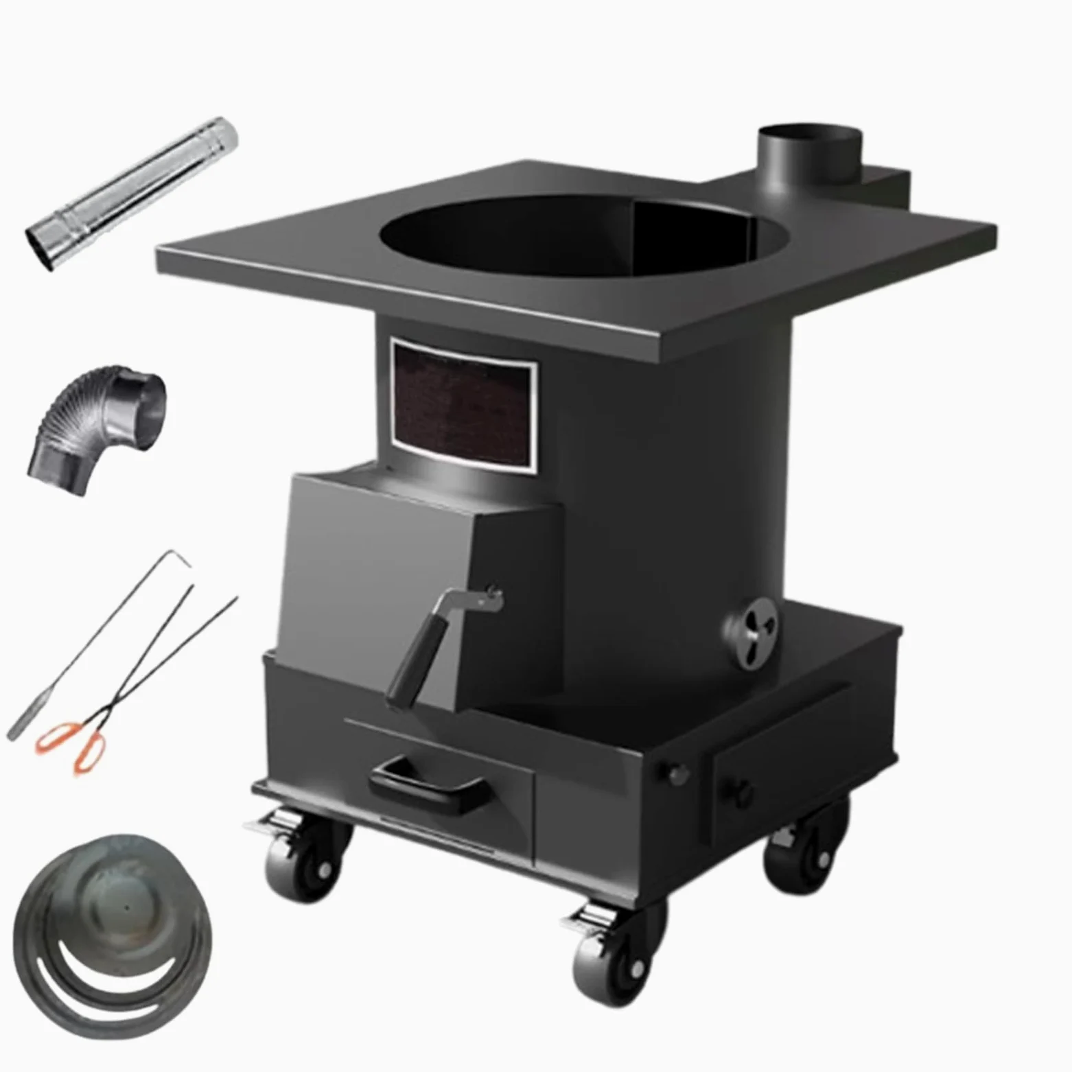 Stufa A Legna A Gasificazione In Ghisa 10MM Con Canna Fumaria Da 200 Cm E Ruote Bloccabili Per Riscaldamento E Cucina Domestica, Carico 250kg(50 * 50 * 61cm)