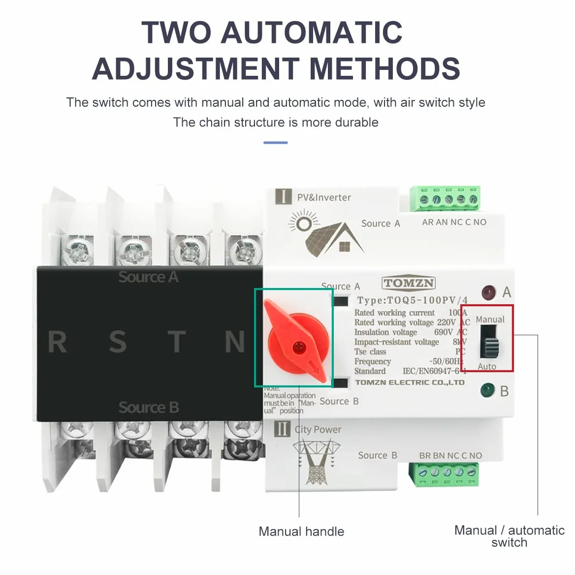Interruttore Magnetotermico Differenziale Guida DIN 4 Phase a fili ATS. for PV. E inverter Dual Power Automatic Transfer Selector Switch Inininterrottui 6 3a 100A 125a(125A)