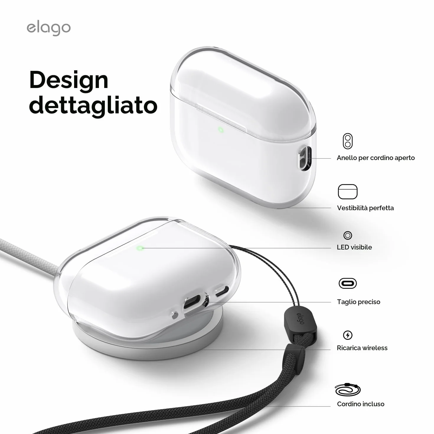 elago Custodia Trasparente per AirPods Pro 3, con Cinturino Portatile, Compatibile con Ricarica Wireless, Trasparenza Duratura, Antiurto, LED Frontale Visibile, Adattamento Perfetto (Trasparente)