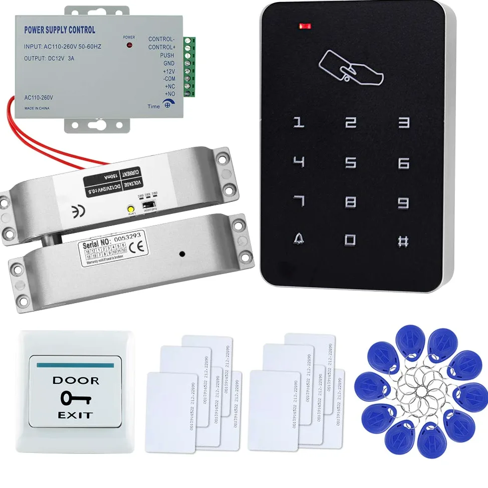 FTSTech Kit di Controllo Accessi per Porta Singola Completo a 125KHz Apriporta Autonomo Serratura a Catenaccio Elettrico Pulsante di Uscita RFID Carte Bianche