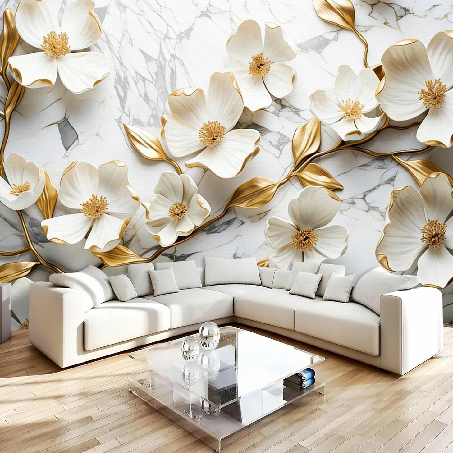 Carta da parati effetto 3D Fiori Moderni 250 x 175 cm Murale Non Tessuto Bianco Fotomurale Stampa HD Moderna Poster Per Soggiorno E Camera Da Letto Design 1M3895