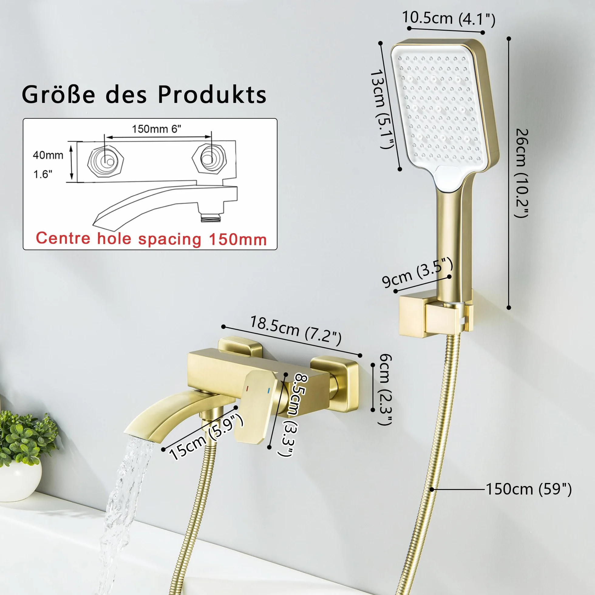 Rubinetto per vasca da bagno oro spazzolato con doccetta grande e beccuccio girevole 90° 3 funzioni