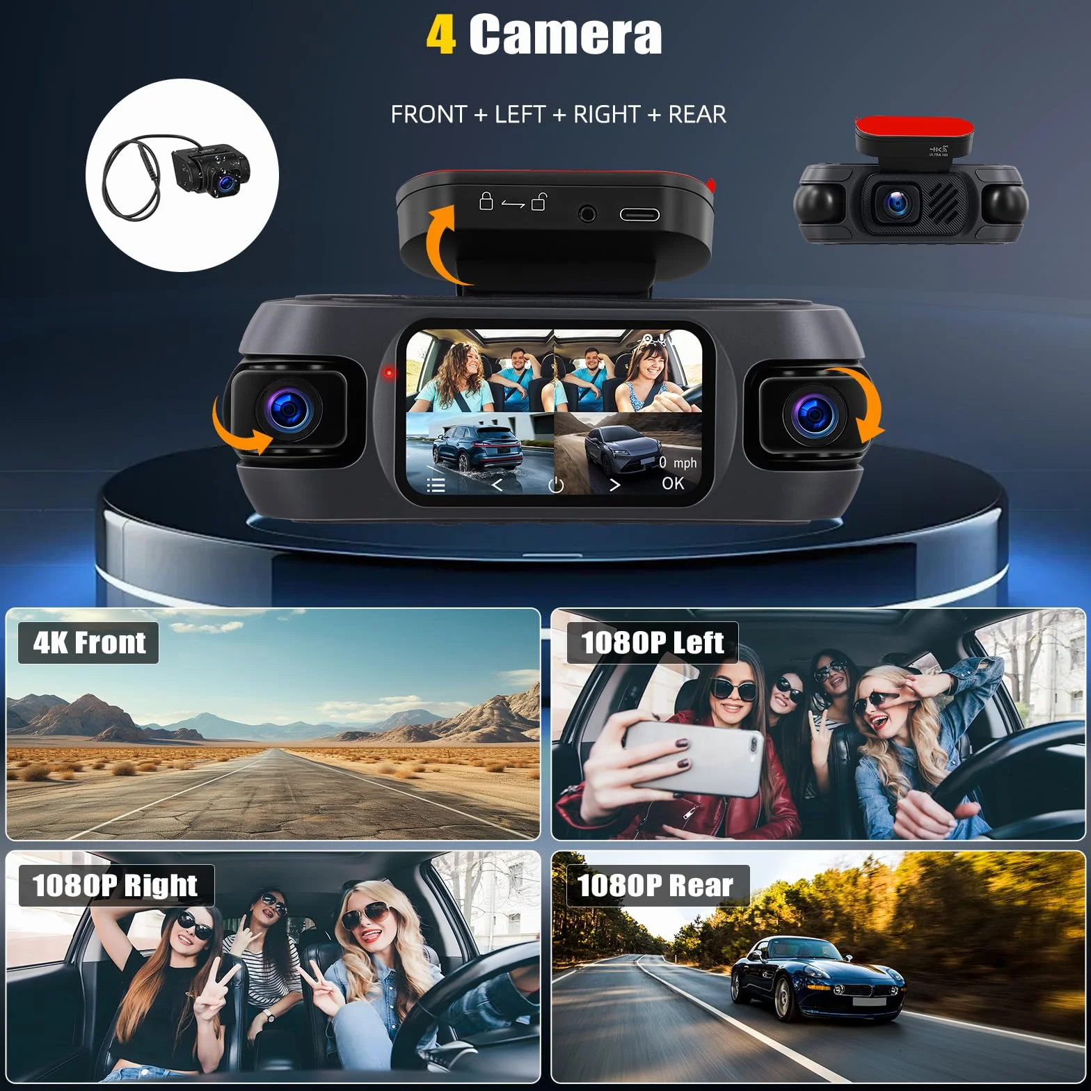 4K 360° Dash Cam Auto con GPS, Videocamera per Auto con Grandangolo 150°, Visione Notturna Super, Monitoraggio del Parcheggio, Sensore G, Registrazione in Loop, APP, Assistenza alla Retromarcia