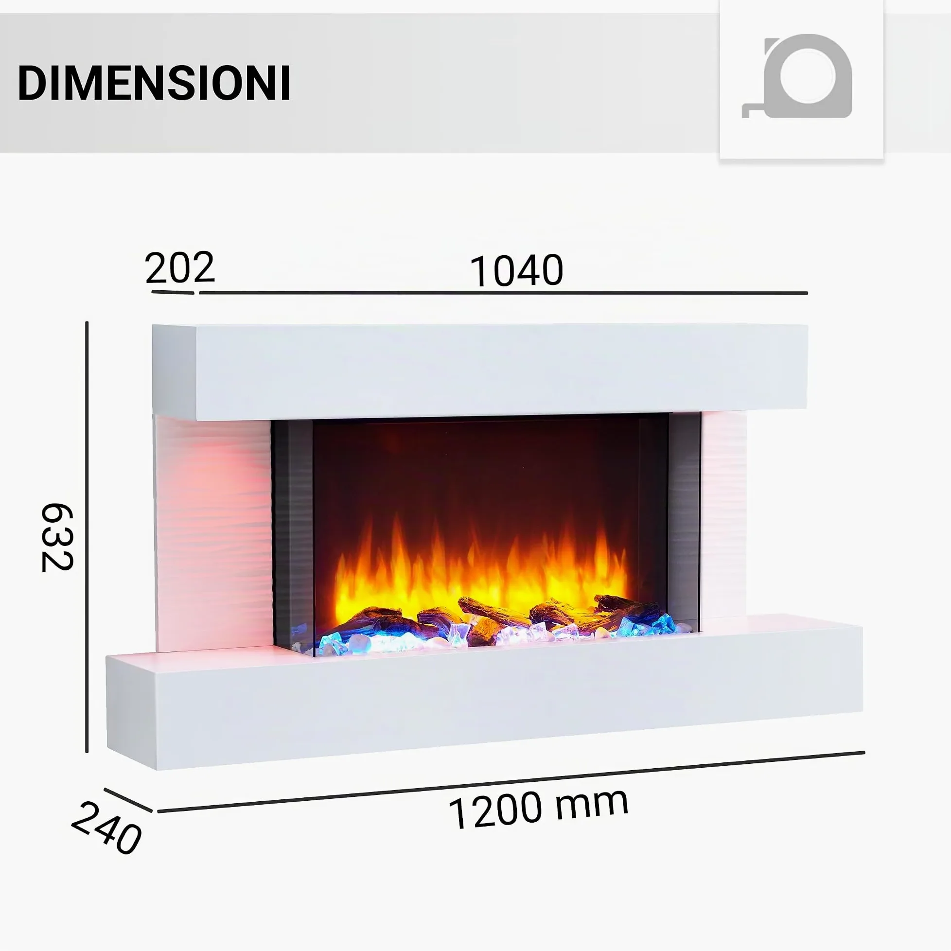 BALDERIA Camino Elettrico Aieda | Caminetto da Parete con Effetto Fiamma 3D | Riscaldamento 2000 W | Focolare Sospeso con Telecomando, Timer, Termostato | Grigio