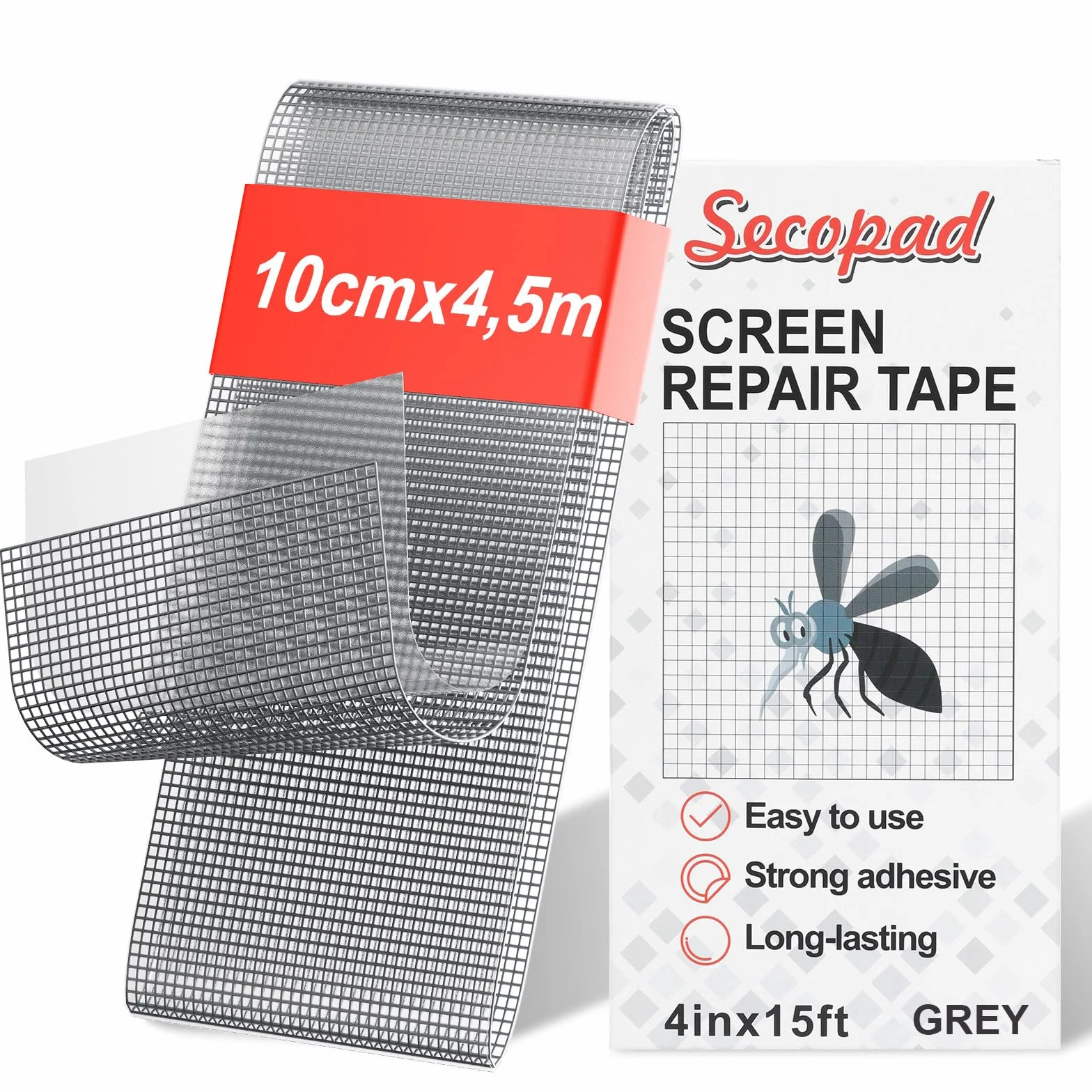 Nastro Adesivo per Zanzariere Secopad 10 cm x 4,5 m Fibra di Vetro Riparazione Grigio