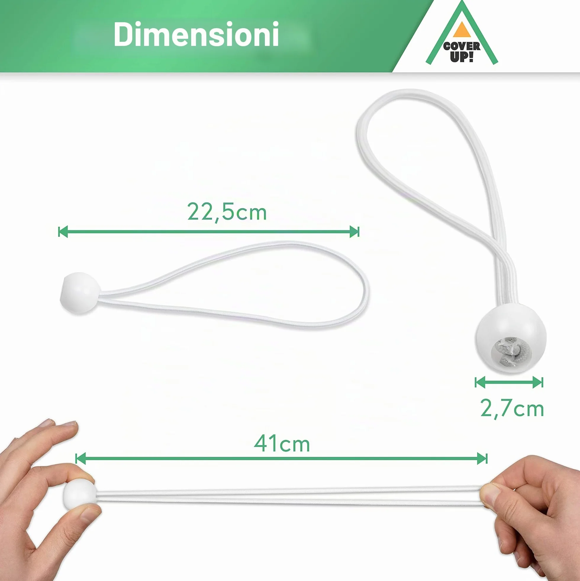 CoverUp! 25 elastici per telone - gomma di tensionamento sicura per un fissaggio ottimale - pratiche imbracature ad espansione per ogni utilizzo - elastici con sfera - bungee ball (bianco)
