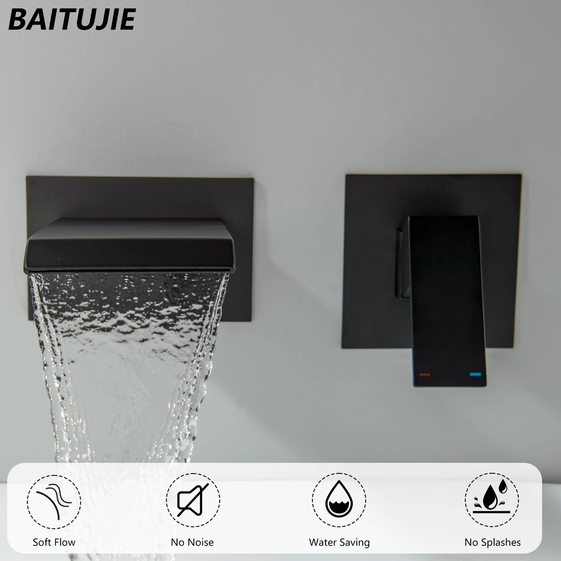 Rubinetto da bagno a parete con bocca a cascata in ottone nero opaco, riempitore da bagno a muro