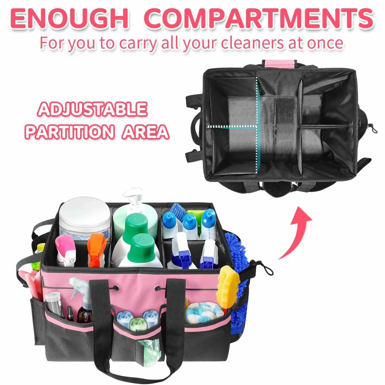 Boczif Borsa portaoggetti indossabile per la pulizia, organizer con manico, spallacci e divisorio staccabile, organizer per strumenti di pulizia, borsa tote per pulizie e governanti (rosa)
